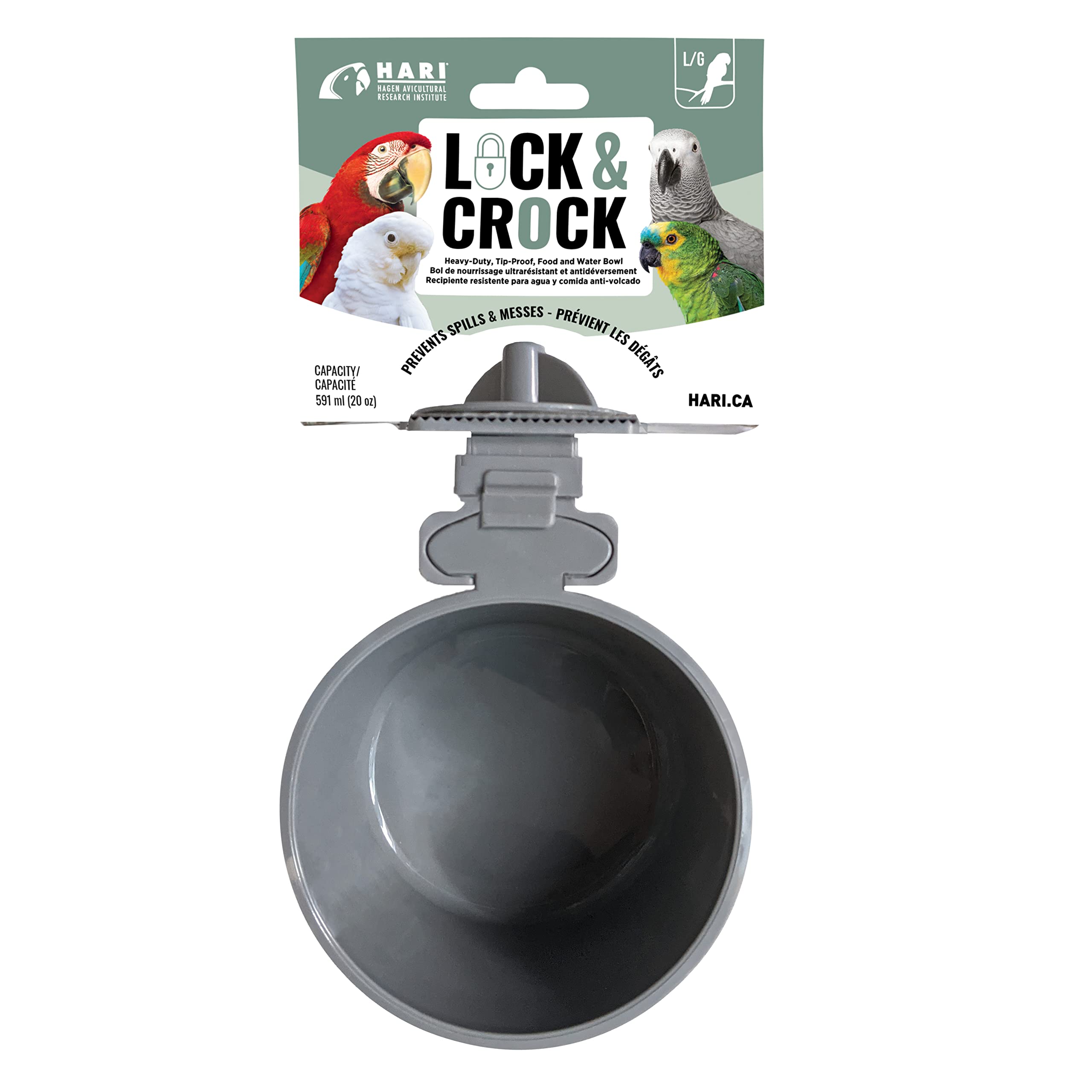 Cuenco comedero y Bebedero para Jaula de pajaros Hari Lock & Crock, Gris, 591 ml