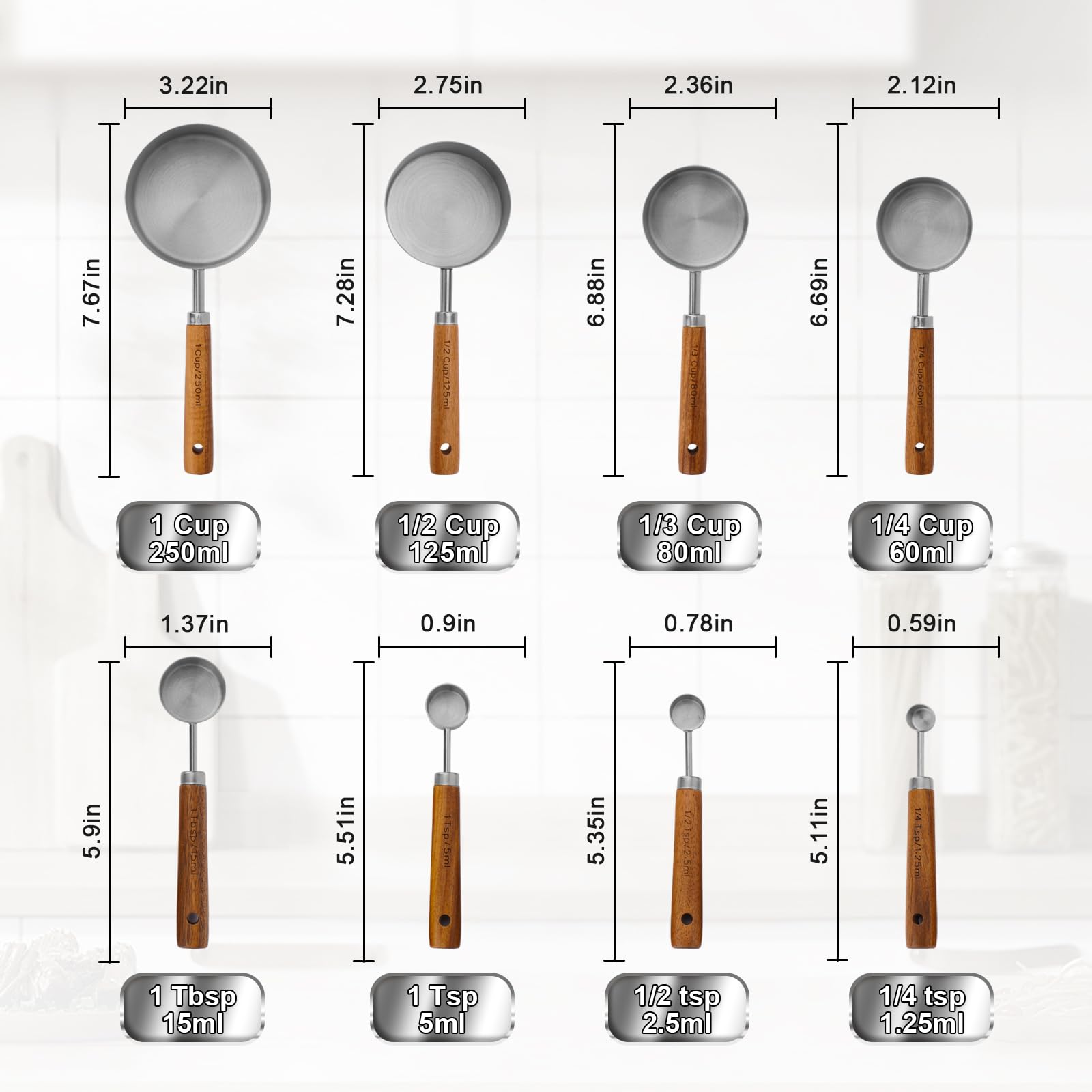 Set di 8 misurini e cucchiai con manico in legno (argento8)