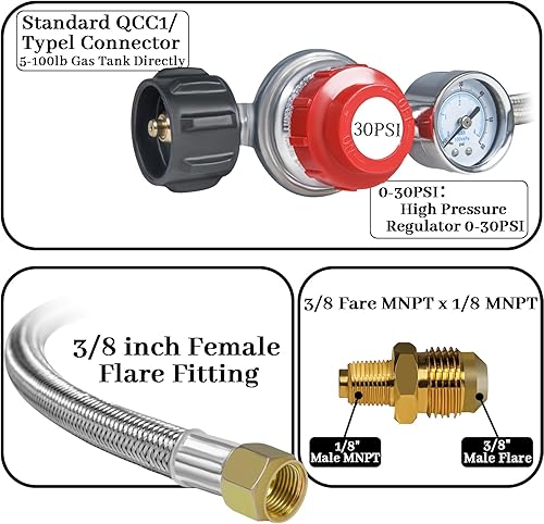 Miniatura 3 de Regulador de propano ajustable de alta presión de 12 pies 0-30PSI con indicador de flujo de gas de calibre 0-60PSI, manguera trenzada de acero