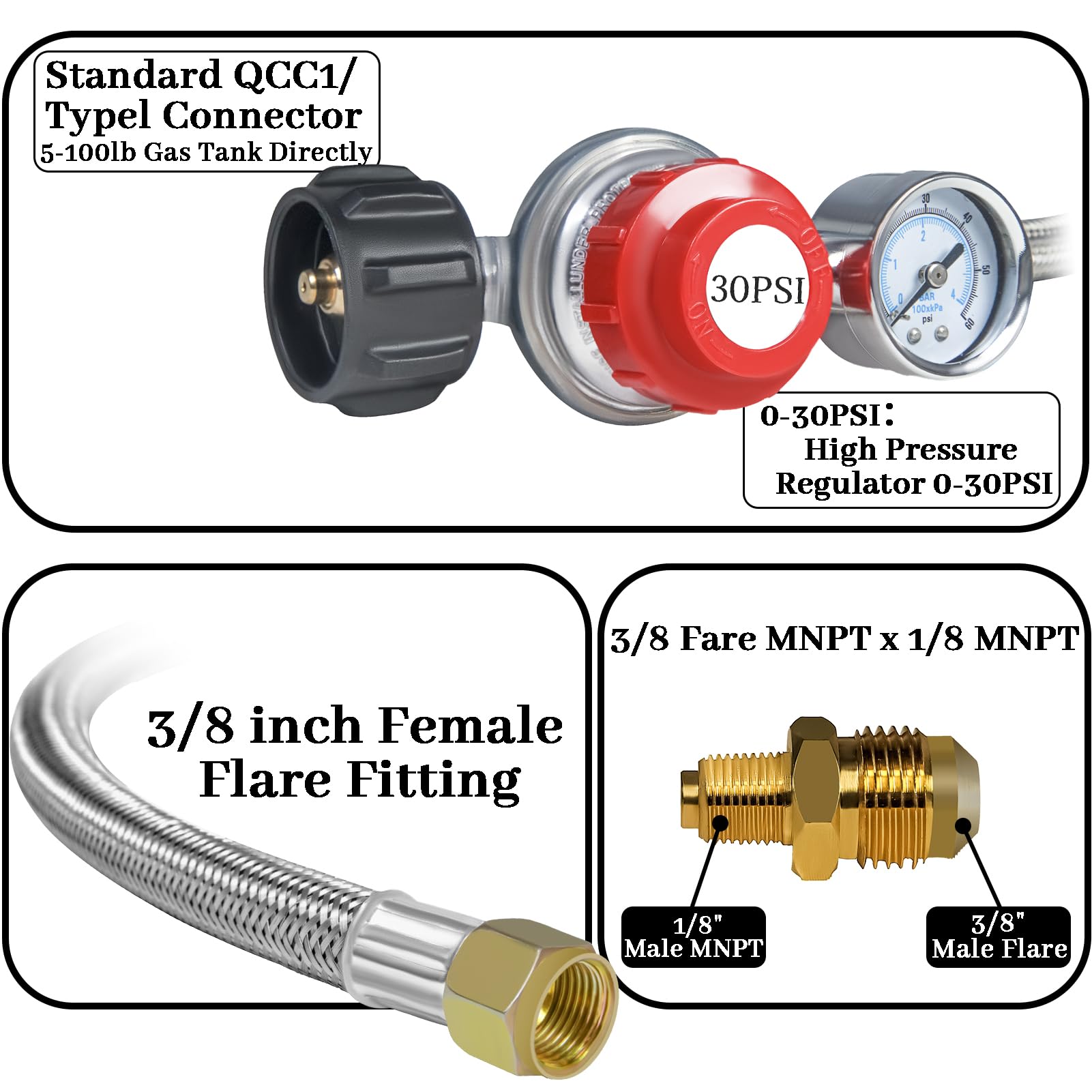 GASPRO Régulateur De Propane Haute Pression Réglable De 0 à 30 Psi Avec Manometre Tuyau Tresse En Acier Inoxydable Parfait Pour Friteuse A Dinde Bruleur A Gaz Foyer