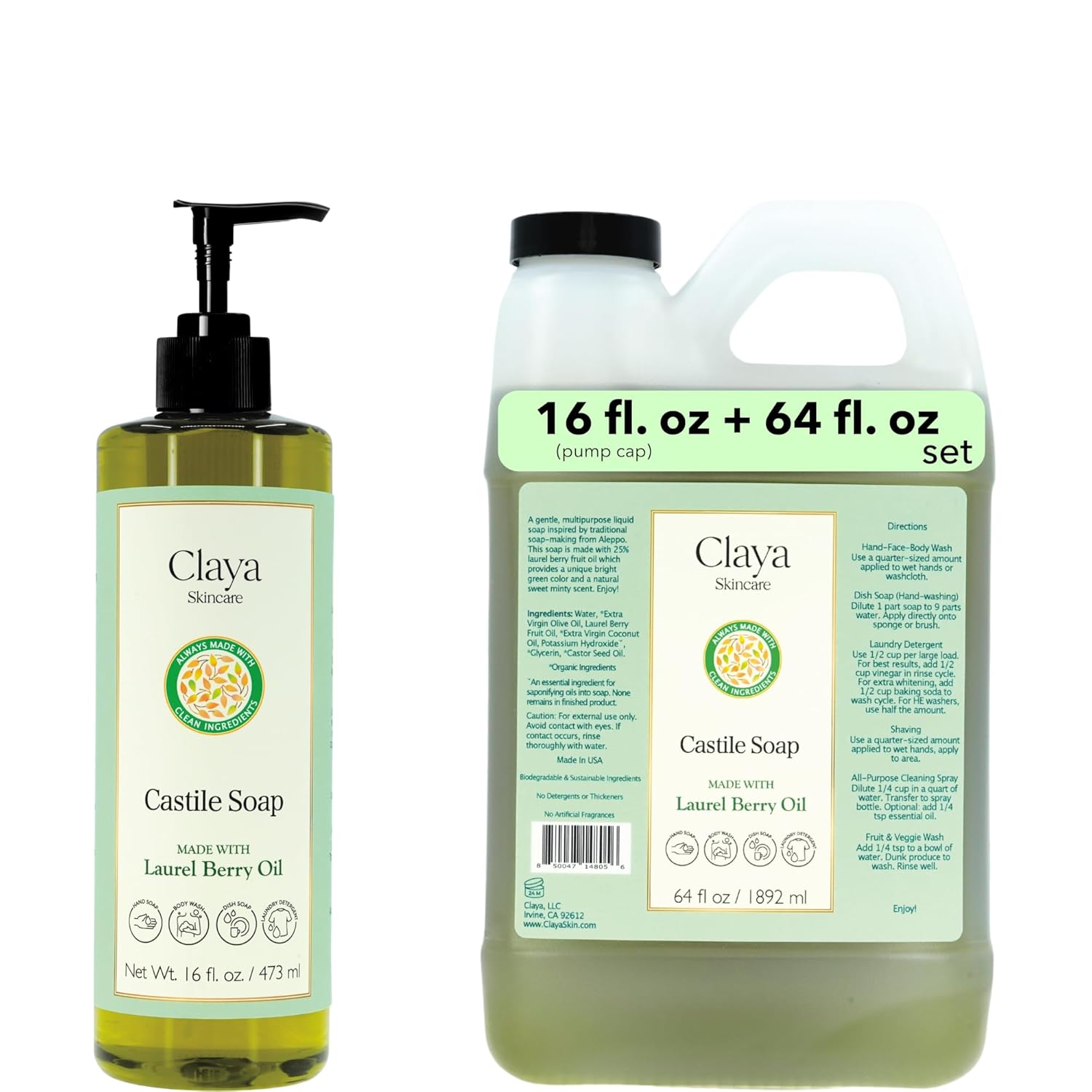 Laurel Berry Aleppo Liquid Castile – Organic Ingredients, Biodegradable Soap, Gentle for Skin Soap and Versatile Cleaning (16 fl oz (Pump Cap) and 64 fl oz)