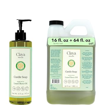 Claya Laurel Berry Aleppo Liquid Castile Soap with Organic Ingredients, Biodegradable, Gentle for Sensitive Skin, Versatile Cleaning 16 fl oz Pump Cap and 64 fl oz