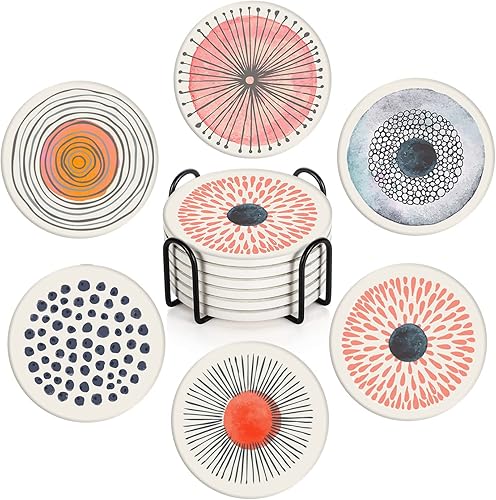 Britimes Juego de 6 posavasos para bebidas, diseño de círculos de acuarela para garabatos de flores, tapete redondo de piedra de cerámica, con base