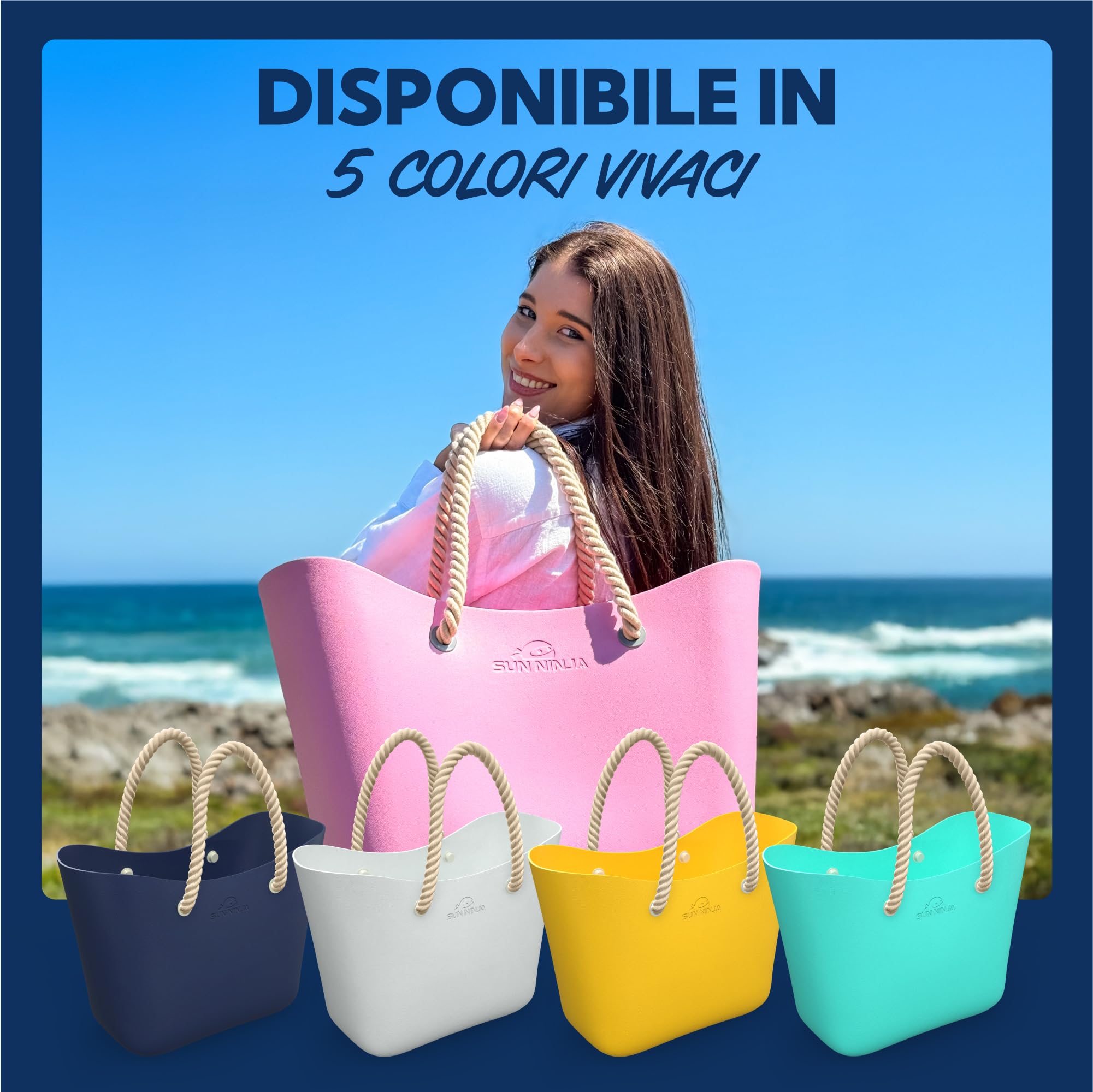 SUN NINJA Borsa da spiaggia in gomma, extra large, impermeabile, in EVA, con manici in corda, per spiaggia
