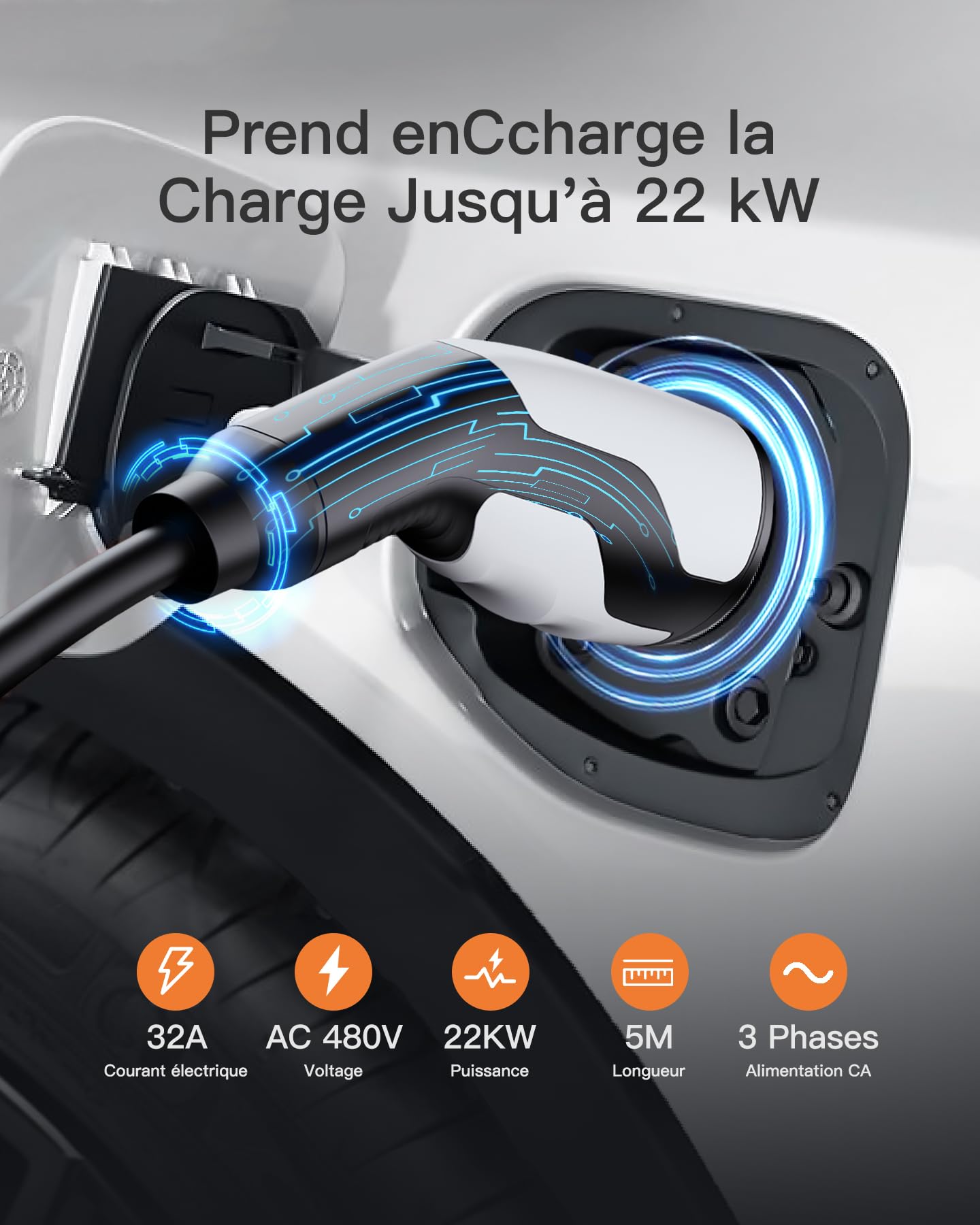 tomons Cable Recharge Voiture Electrique Type 2, 22KW 32A Triphasé 5M, Cable Type 2 Fait avec Modèles S/X/Y/3, ID.3, ID.4, E-Tron, Zoe, Kona, I3, avec CE/TUV