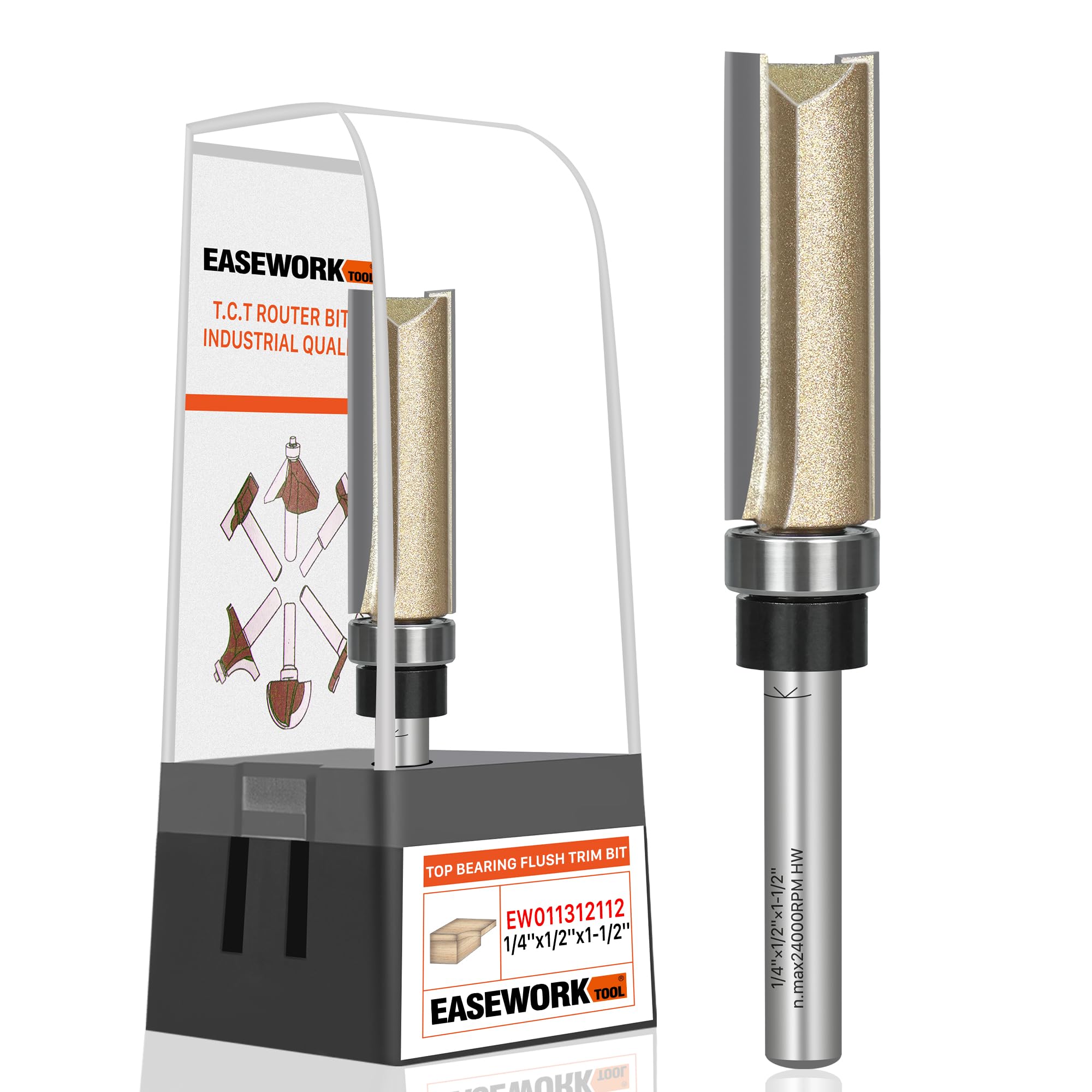 EASEWORK TOOL Broca de enrutador de corte empotrado de 1/4 pulgadas, broca de plantilla de rodamiento superior con punta de carburo de grado profesional para carpintería, 1/2 pulgada de diámetro x 1-1