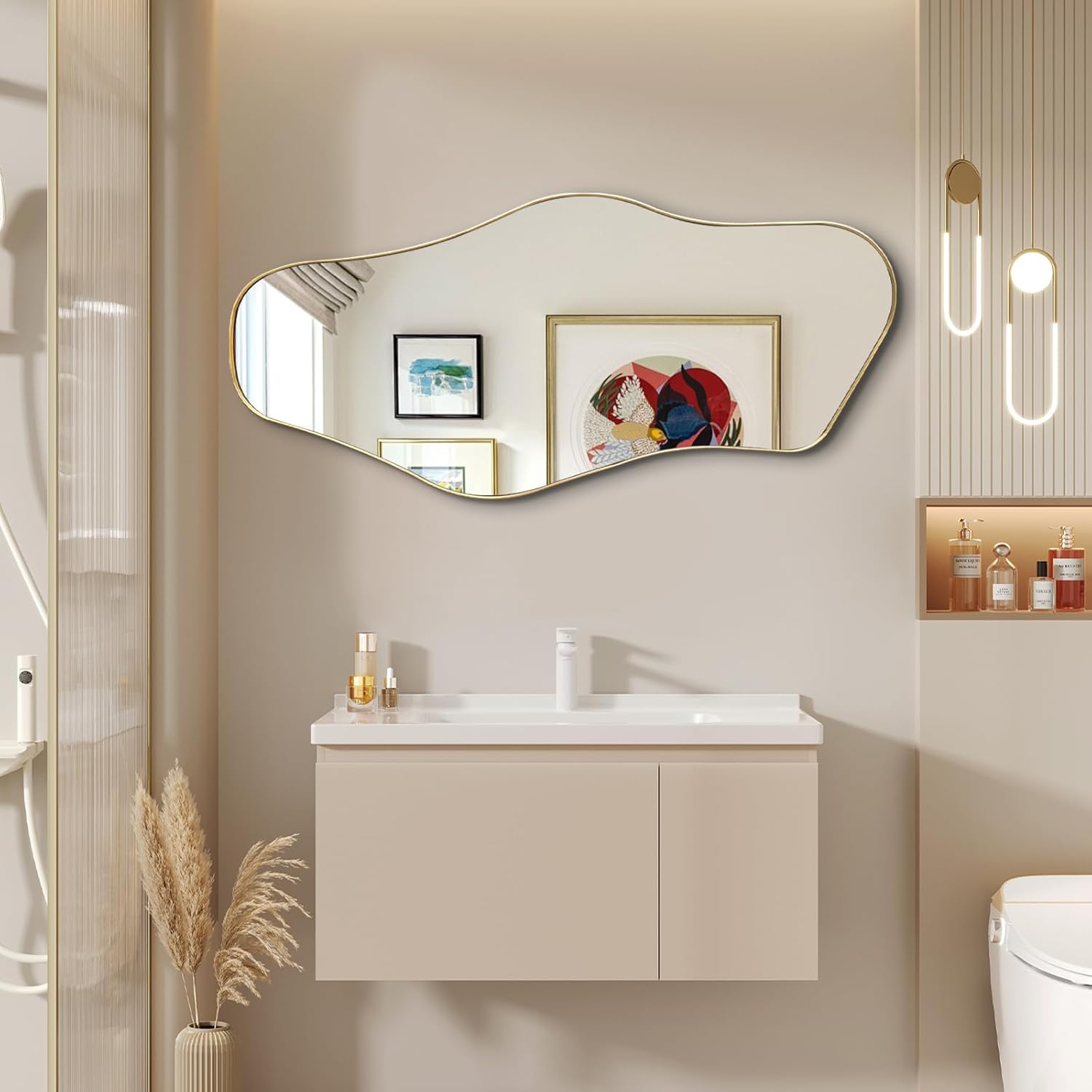 Gold Irregular Mirror, Asymmetrical Mirrors Decorative, 40"x18" Unique Shaped Mirror with Metal Frame, Modern Abstract Mirrors for Living Room Bathroom Bedroom Hallway Entryway Fireplace Gold 40"L x 18"W