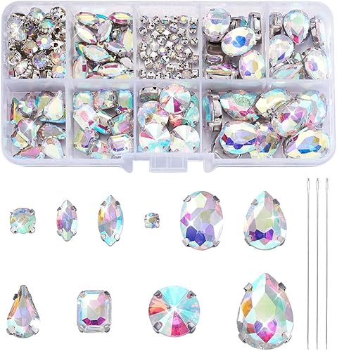 180 piezas de diamantes de imitación de color AB para coser con agujas de coser, gemas de cristal redondas para diademas, zapatos, ropa, bolsas de
