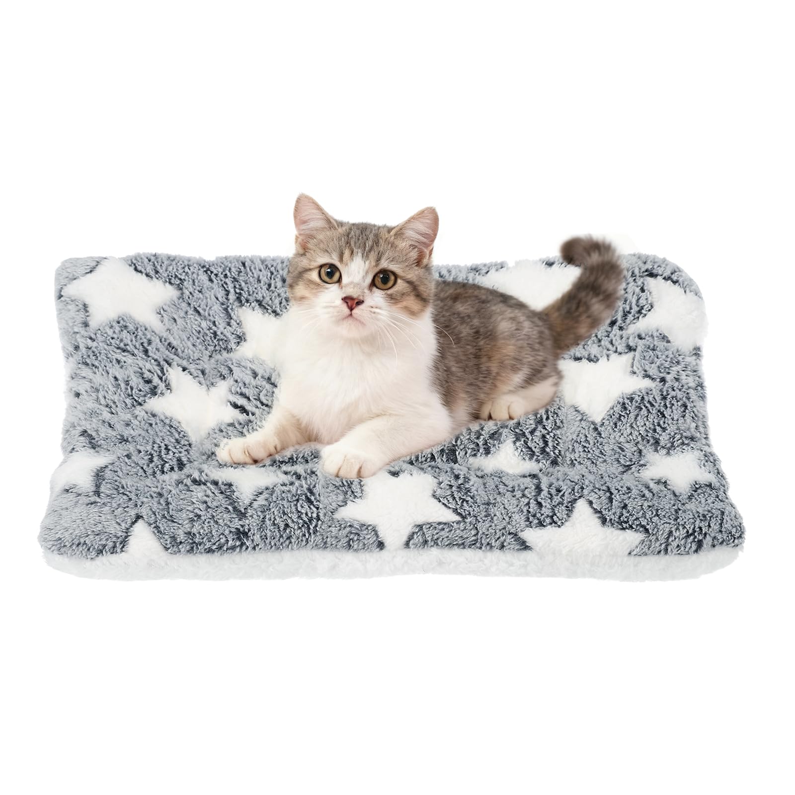 sourcing map Dog Cat Bed Mat, Soft Coral Fleece Pet Cushion Pad with Cute Star Print, Warm Washable Pet Bed 13x10 Inches, (Gray White), Intended for Medium Small Dog Cat