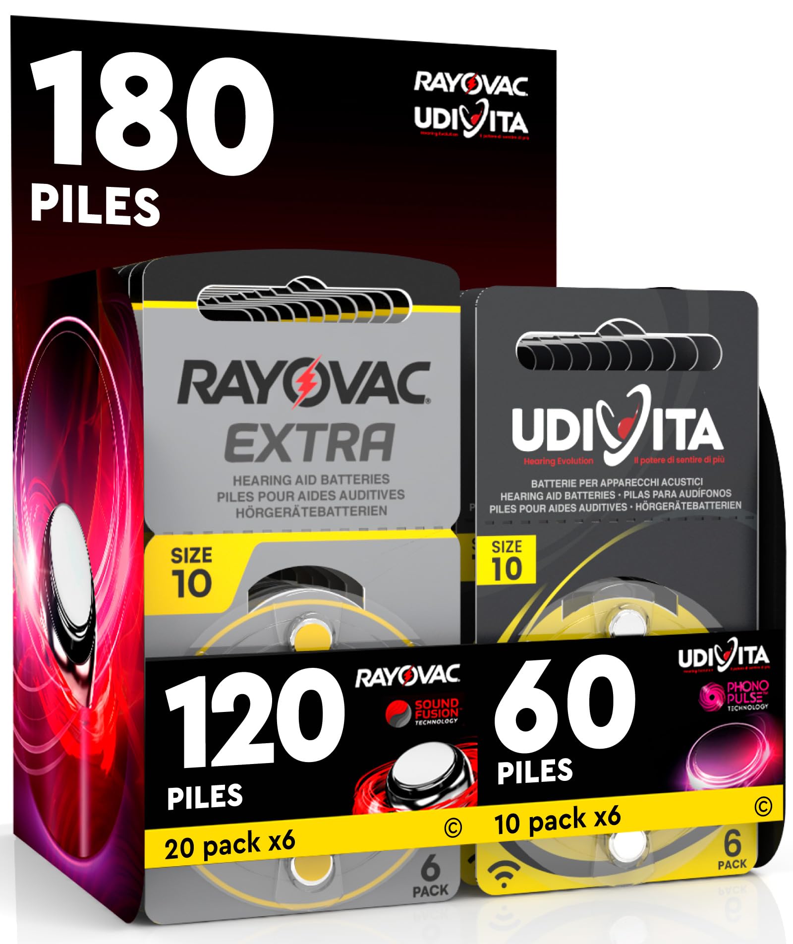180 Piles Taille 10 pour Les Aides auditives PR70 (Jaune - Zinc Air) avec la Technologie Phono Pulse pour amplificateur auditif - 180 Piles: 60 Udivita + 120 Rayovac