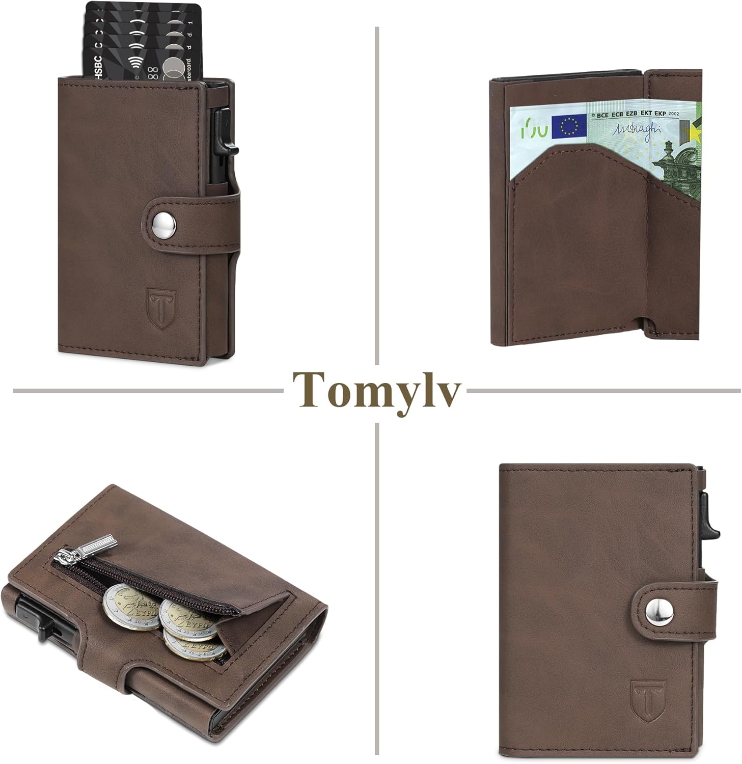 TOMYLV 남성용 슬림 RFID 보호 가죽 지갑 자동 팝업 남성용 지갑 카드 홀더 신용 카드 홀더 지폐 칸 동전 칸 ID 창 및 선물  상자 - 브라운 브라운-Freehip.co.kr