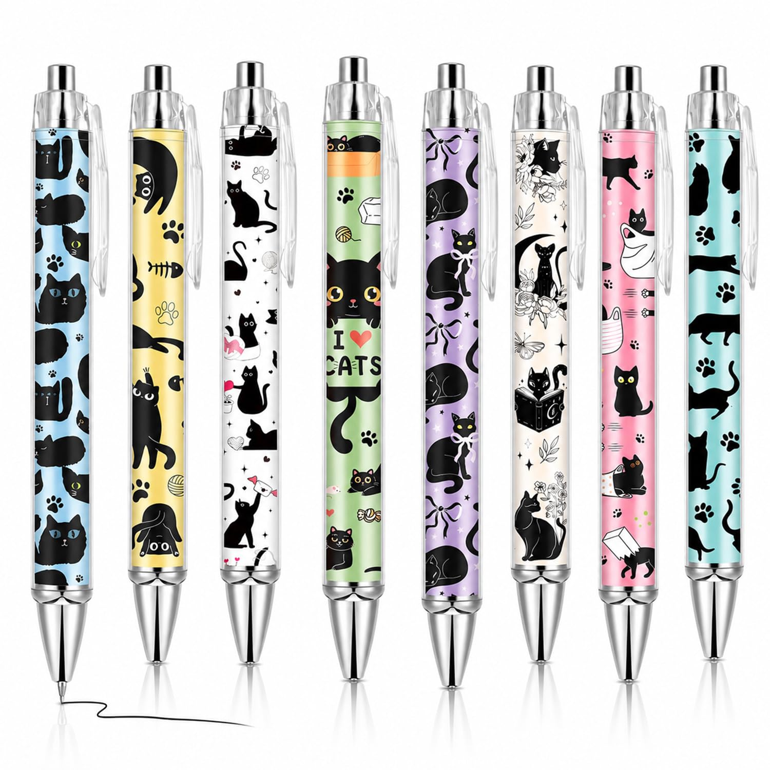 8PCS Cat Gel Pens, 0.55mm Retractable & Kawaii Ballpoint Pen Set, Cute Cat Pens Gift for Girls Cat Lovers, Black Ink