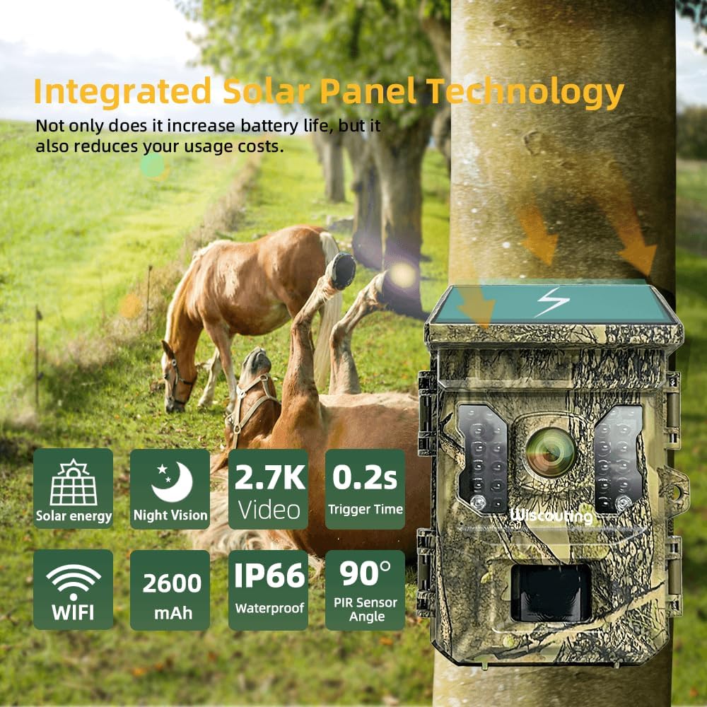 Solar Powered Trail Camera 4K 64MP, 0.2s Trigger Time Motion Activated with No Glow Night Vision, WiFi Bluetooth, 130°Wide Angle, IP66 Waterproof Wildlife Camera