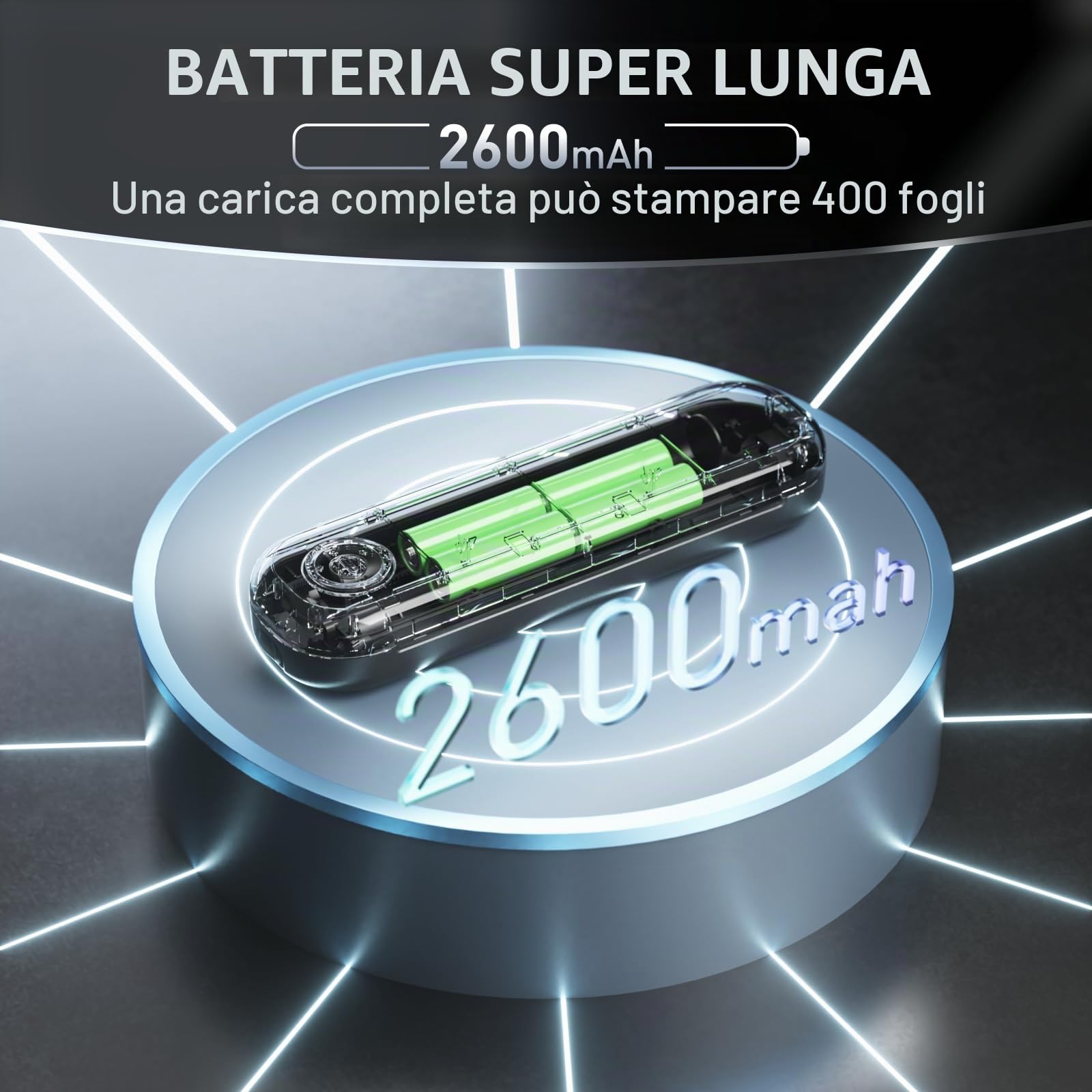 Illustration of the Bisofice L86 printer's 2600mAh super long battery life, showing it can print 400 sheets on a full charge.