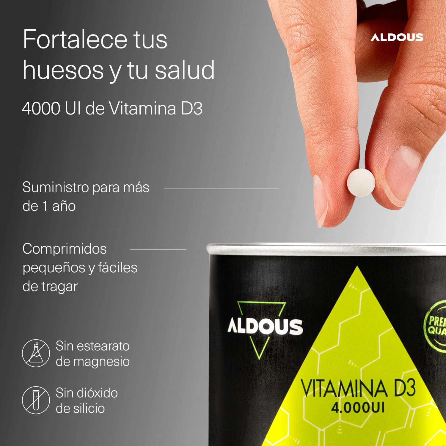 Vitamina D3 4000 UI máxima dosis - 500 comprimidos - Vitamina D Colecalciferol - Vitaminas para el sistema inmunitario y defensas - Para Músculos y Huesos - Mejora absorción Calcio - ALDOUS