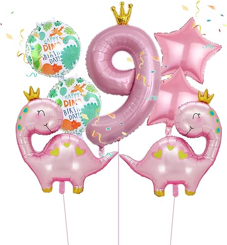 Miniatura 8 de 7 globos de dinosaurio con corona rosa, globos de aluminio de Mylar con número de cumpleaños de dinosaurio rosa, suministros de fiesta de 8