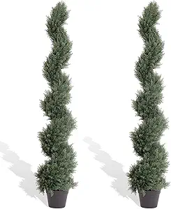 THE BLOOM TIMES 5ft Spiral Artificial Topiary Trees Set of 2, Faux Cedar Trees for Outdoor Planters - Fake Twist Cypress Plants for Garden Front Porch Indoor Outside Decor 5 Foot