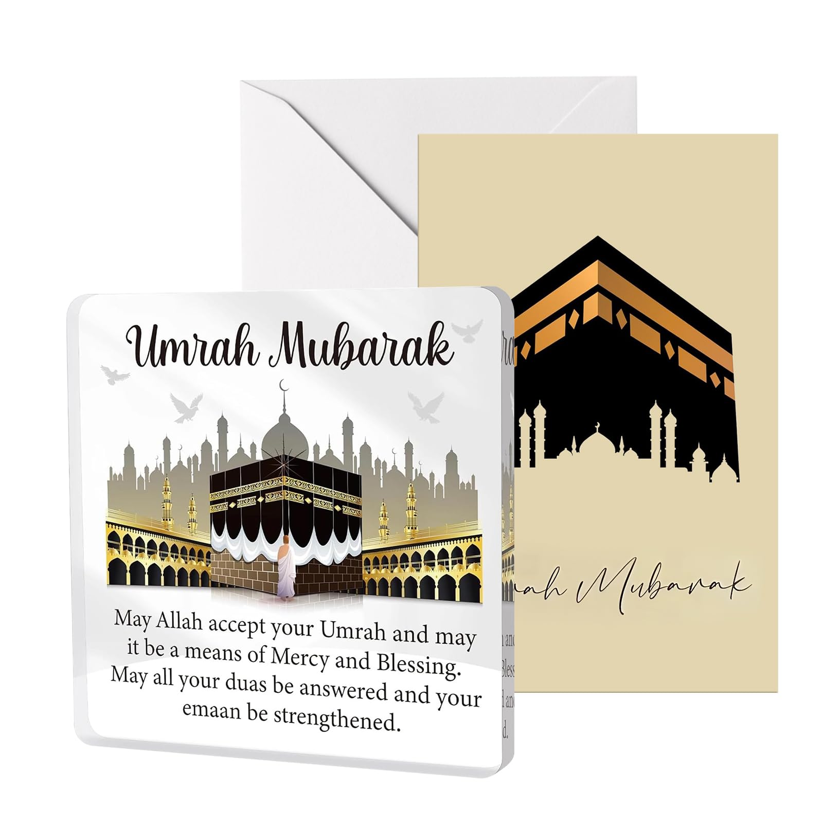 MADGININE Umrah Mubarak Gifts, Umrah Mubarak Card Envelope Plaque, Eid Decoration Emotional Support Blessings for Family Friends