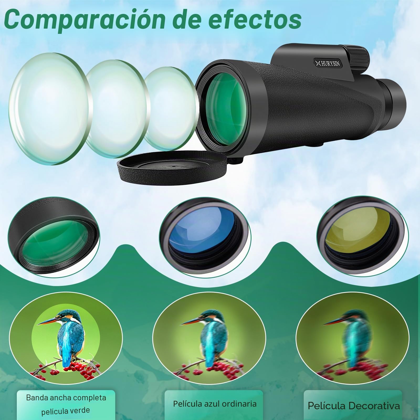 Monoculares HD de 8 x 42 mm, adecuados para observación de aves, caza, viajes