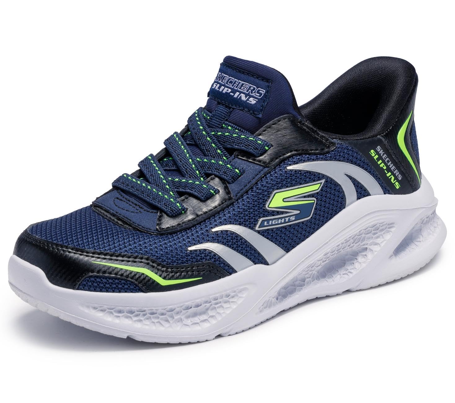 Skechers Niños Meteor-​Lights Brisk-​Beams Slip-​In Entrenador, Navy Synthetic/​Textile/​Black & Lime Trim, 31 EU