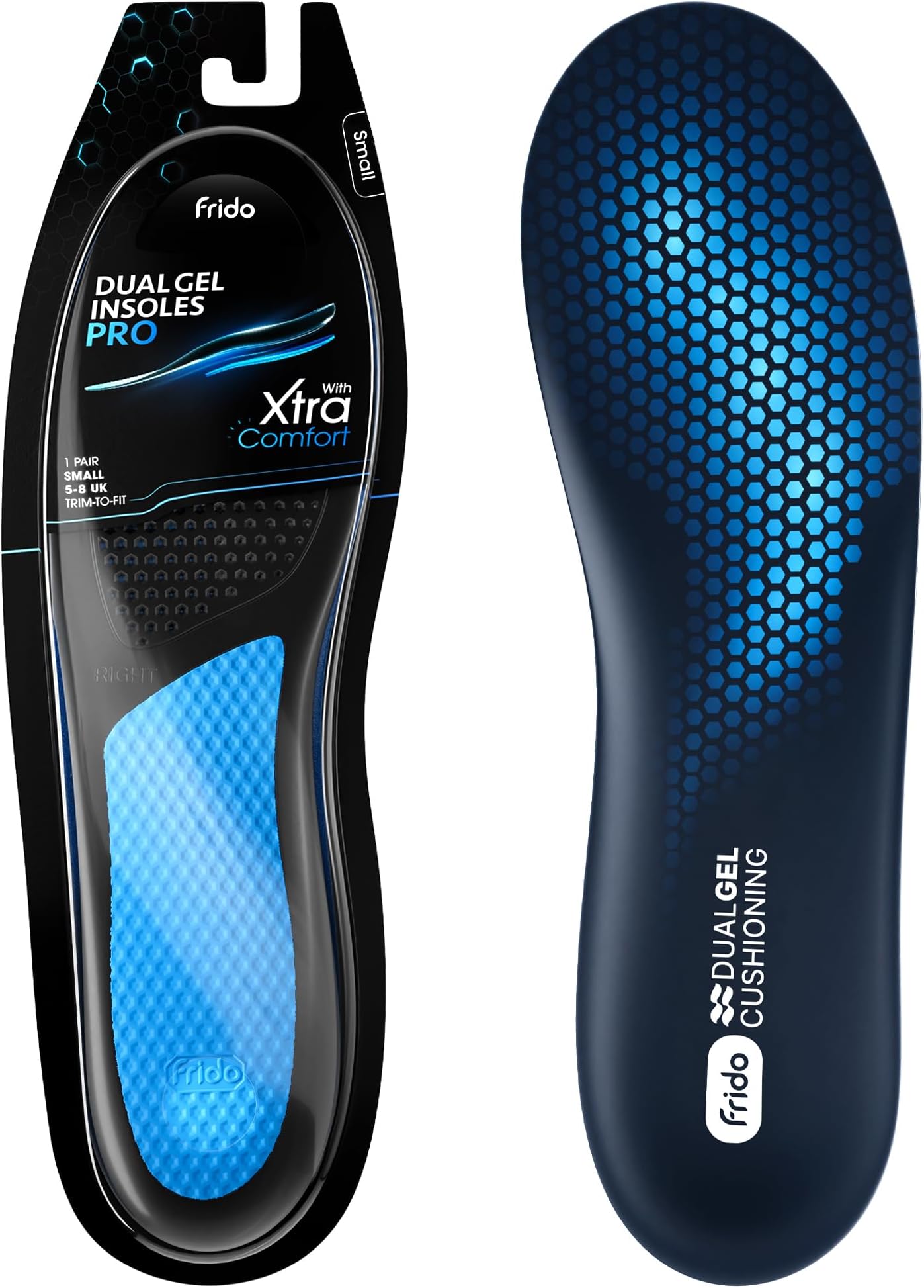 Frido Dual Gel Pro Shoe Insoles -Trimmable Shoe Sole for Men & Women for Stability, Shock Absorption & Comfort, Anti-Sweat Sports Insole, Foot Support Silicone Shoe Sole - 1 Pair, EU 38-42 Small Size