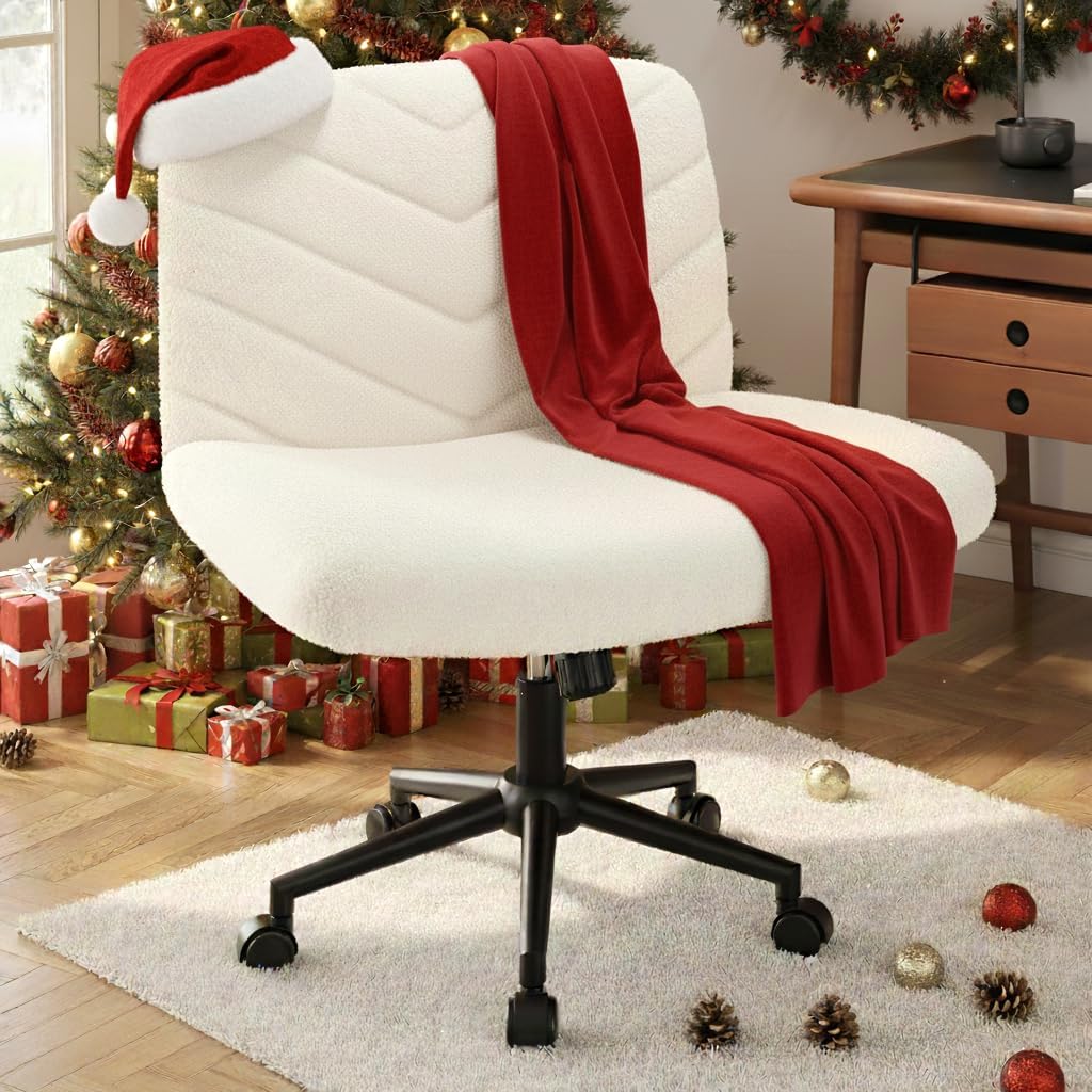 Yaheetech Wide Criss Cross Legged Office Desk Chair with No Wheels, Vanity Comfy Swivel Computer Chairs for Home Office Reading Makeup, Ivory