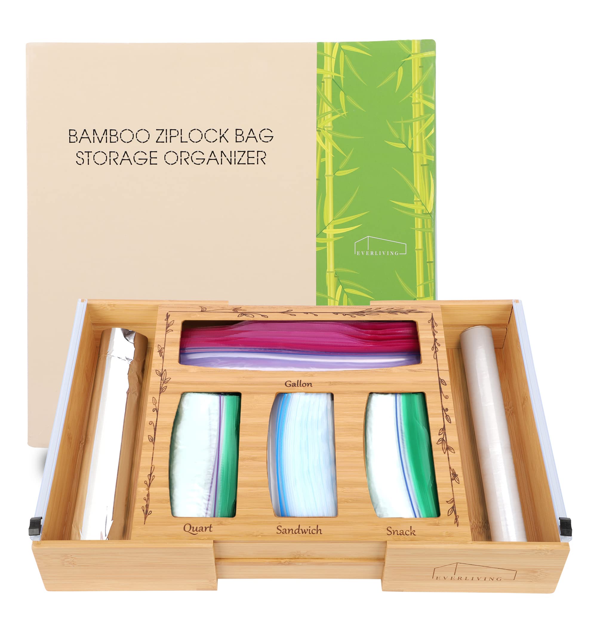 Bamboo Ziplock Bag Organizer for Drawer & Countertop – Convenient 6-Slot Plastic Bag Organizer – Aluminum Foil Organization and Storage with Cutter – Ziplock Bag Storage Organizer