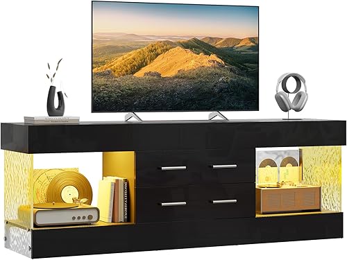 Miniatura 8 de Bestier Moderno soporte de TV de 60 pulgadas para TV de 65/60/55+, centro de entretenimiento negro brillante con 2 cajones y luces LED, paneles