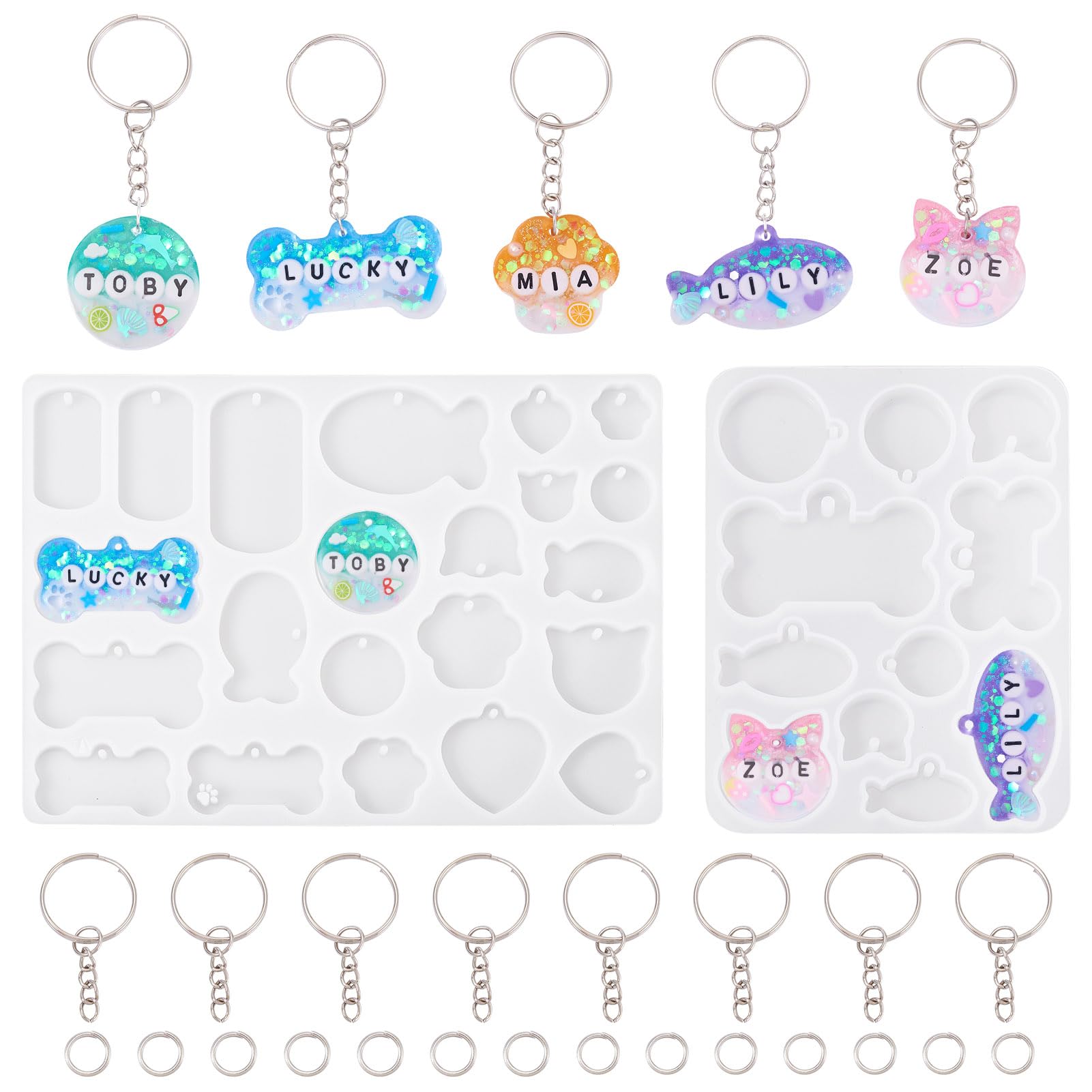 PandaHall 2pcs Cat Silicone Molds with Split Key Rings Jump Rings Bone Fish Heart Resin Moulds for Casting UV Epoxy Resin Jewellery Making Keychain Craft