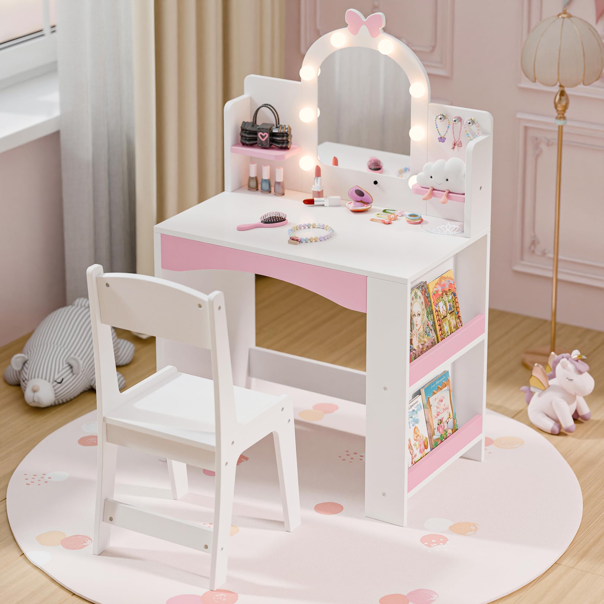 MU Kids Vanity with Lights, Princess Makeup Vanity Table and Chair Set for Girls, Toddler Vanity Desk with Open Bookshelf, Storage Cabinet & Shelves,