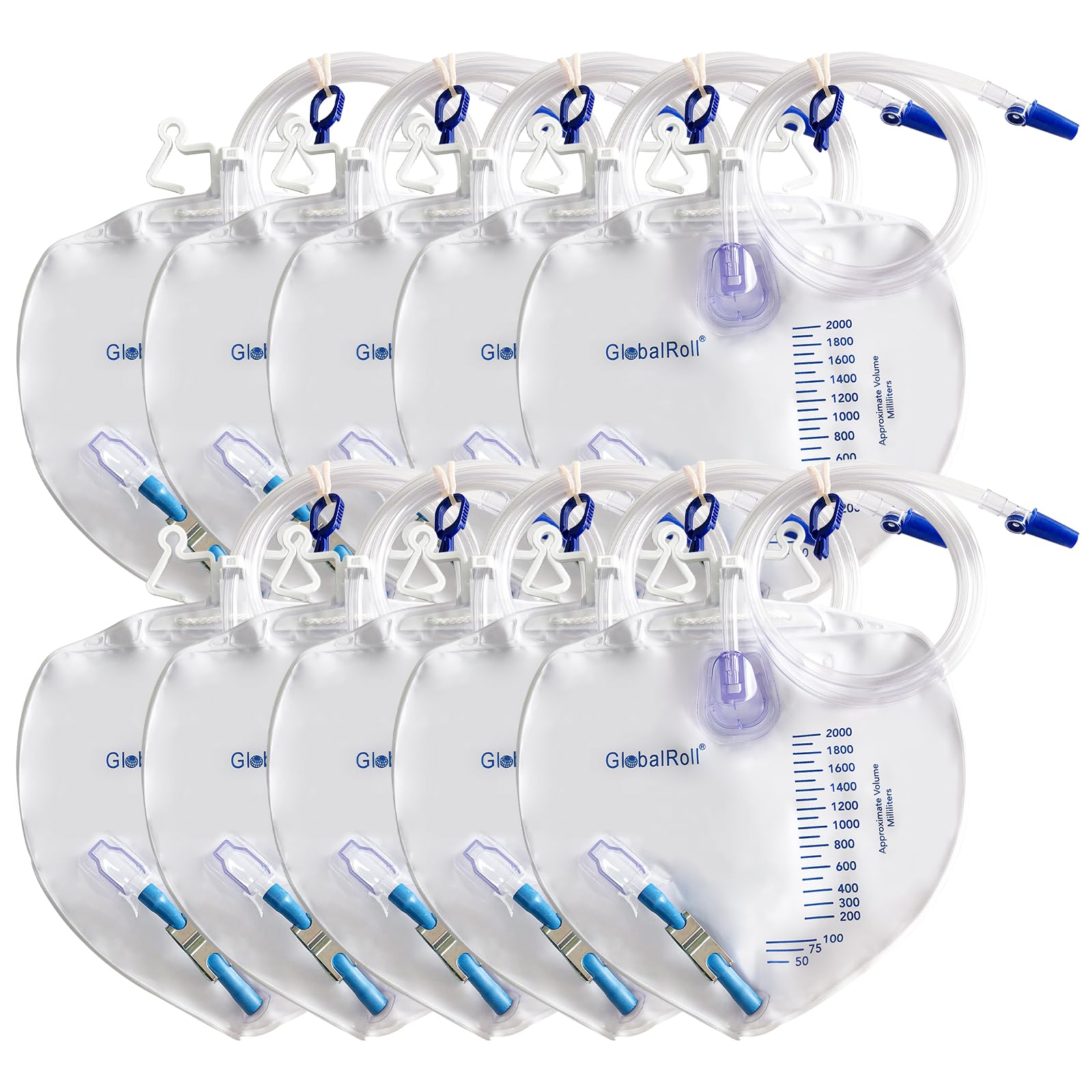 Urinary Drainage Bag with Anti-Reflux Chamber, Bedside Drainage Bag 2000ml with 121.9 cm Drainage Tube, Hook Hanger and Clips, Urine Bag with Metal Buckle for Home and Hospitals, 10 Pack