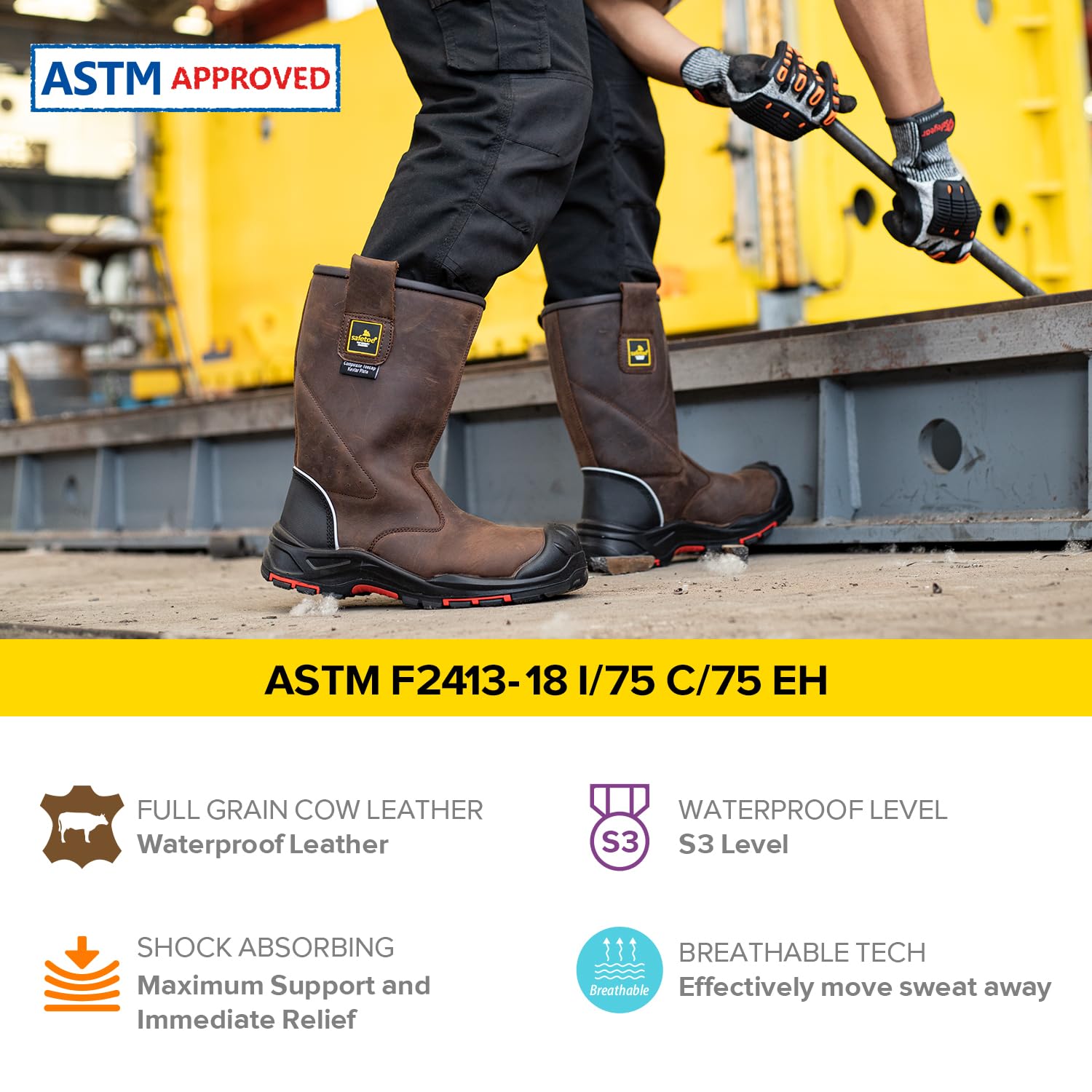 SAFETOE Arbeitsstiefel für Herren/Damen Kuh Leder Sicherheitsstiefel 20 CM Composite Toe Anti-Nagel Gummi Sohle Industrielle Bau Stiefel für Öl, Gas, Mine S3 ESD EU Größe