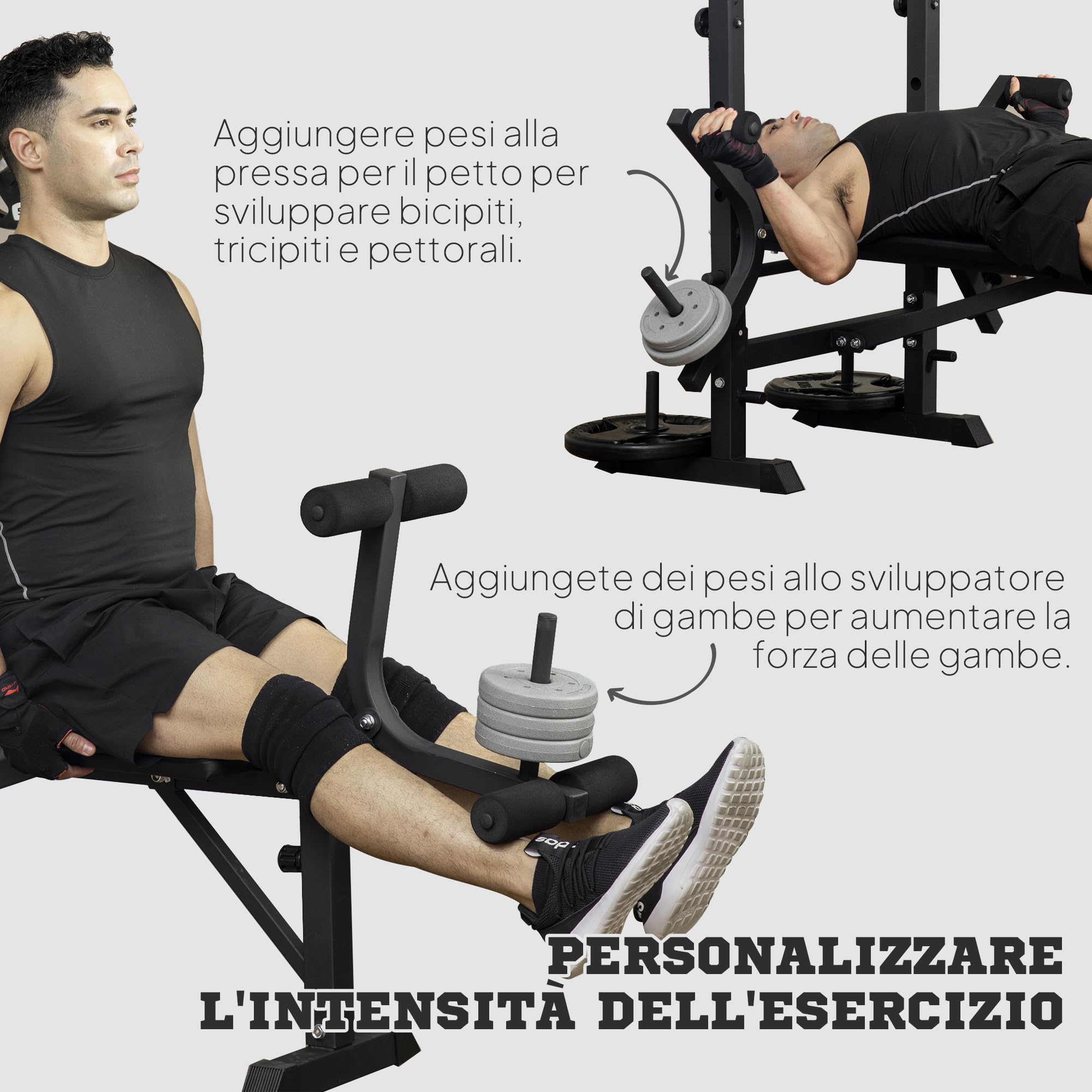 HOMCOM Panca Palestra Multifunzione con Pulley System, Supporto Bilanciere e Schienale Regolabili, Panca Pesi Inclinabile Piana con Leg Extension, Chest Expansion, Portapesi, Allenamento Palestra Casa