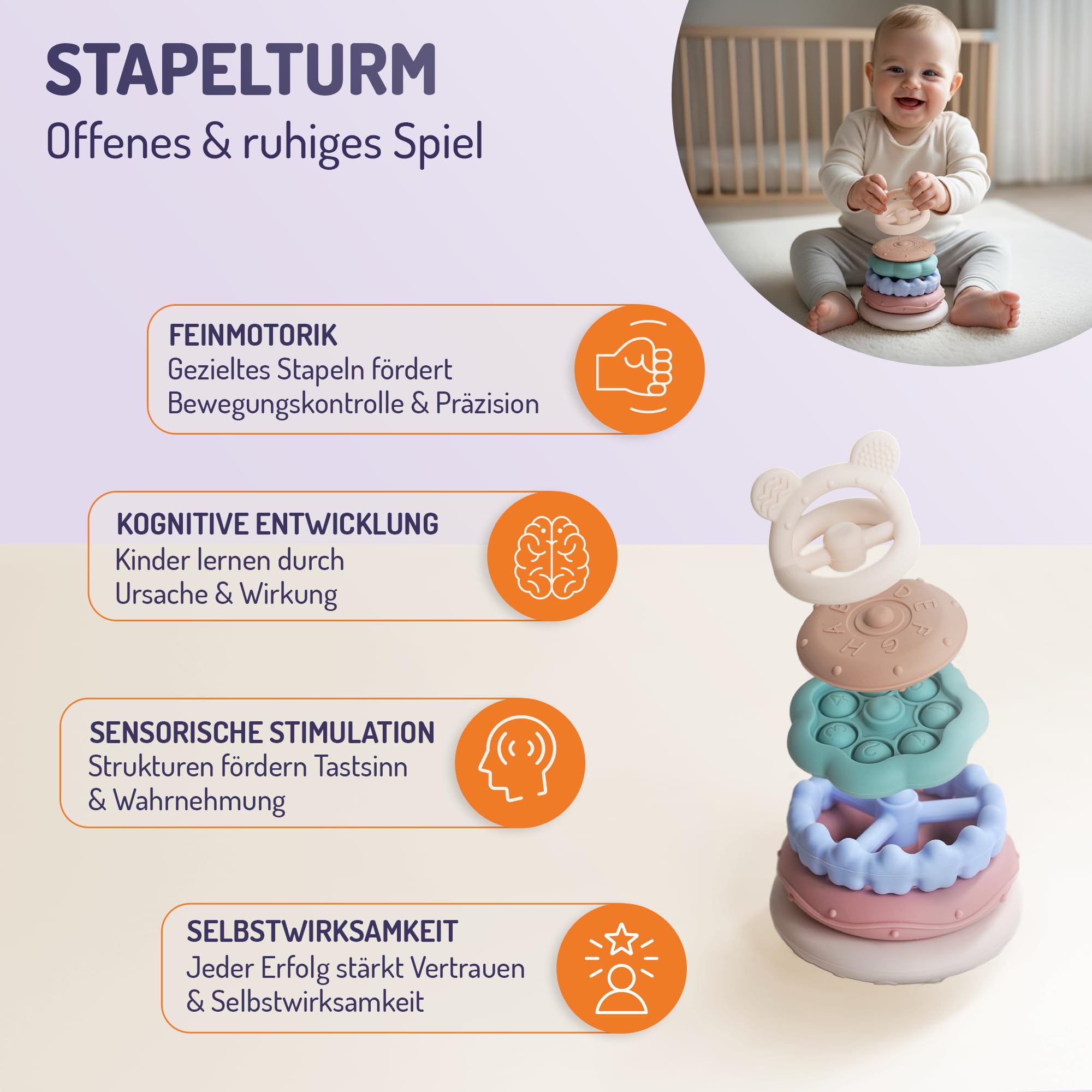 STRAUB Baby Spielset – Pädagogisch entwickeltes Lernspielzeug-Set – Beißring, Greifring, Greiffigur & Stapelturm – Baby-Spielzeug, Babyzubehör zur Förderung von Sensorik, Feinmotorik & Wahrnehmung