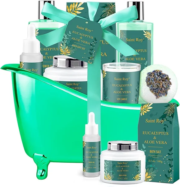 Spa Gift Basket Luxury bath and body Basket, Home Spa Bath Gift Basket for Her him, Bath Baskets for Women, 8 pcs Eucalyptus Aloe Spa shower gift, Birthday Gifts bath kit, Mother Father Day Spa Kit