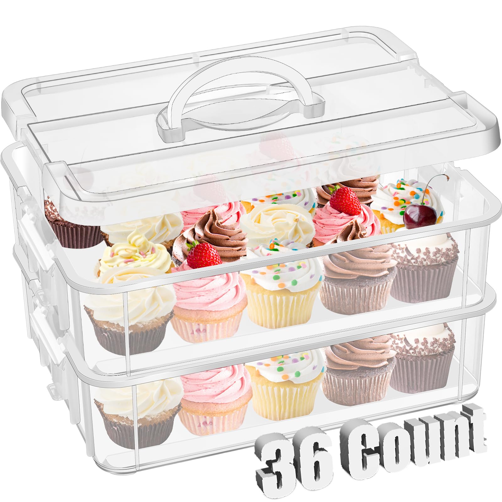 Teenyyou 36 Cupcakes Carrier 2-layer for Cake Container Cupcake Holder with Lid and Handle Detachable Dessert Dessert Small Snack for Party Storage Container