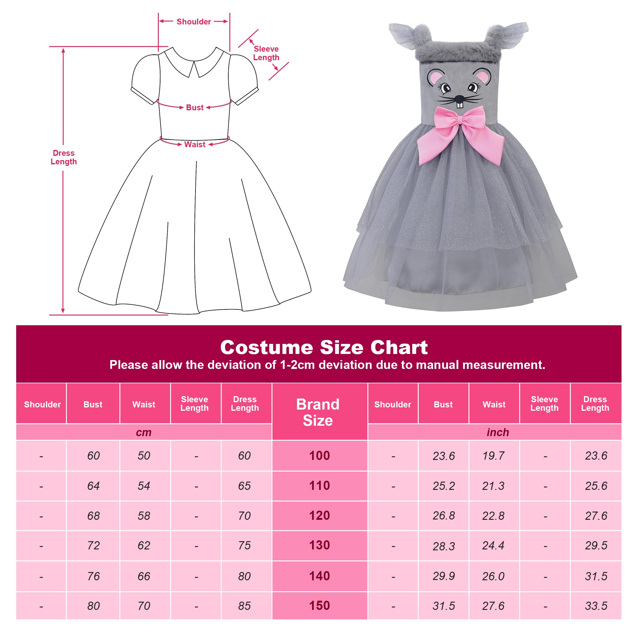 ReliBeauty Disfraz Ratón Niña 3-12 Años Vestido Animales Accesorios con Orejas Cola Carnaval Halloween