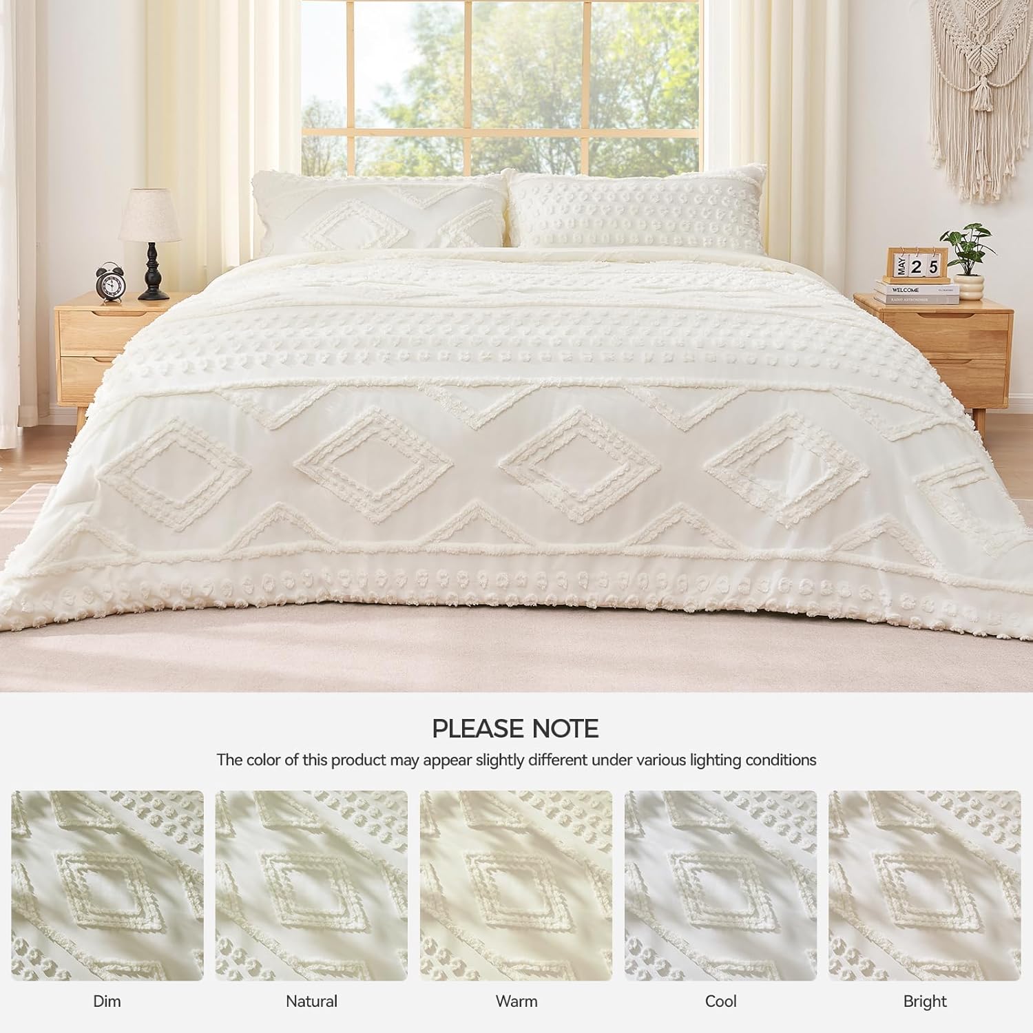 Boho Queen Comforter Set Beige with Sheets, 3 Pieces Tufted Queen Comforter Sets Boho Bedding Cream Soft Warm Neutral Comforter Sets for All Seasons