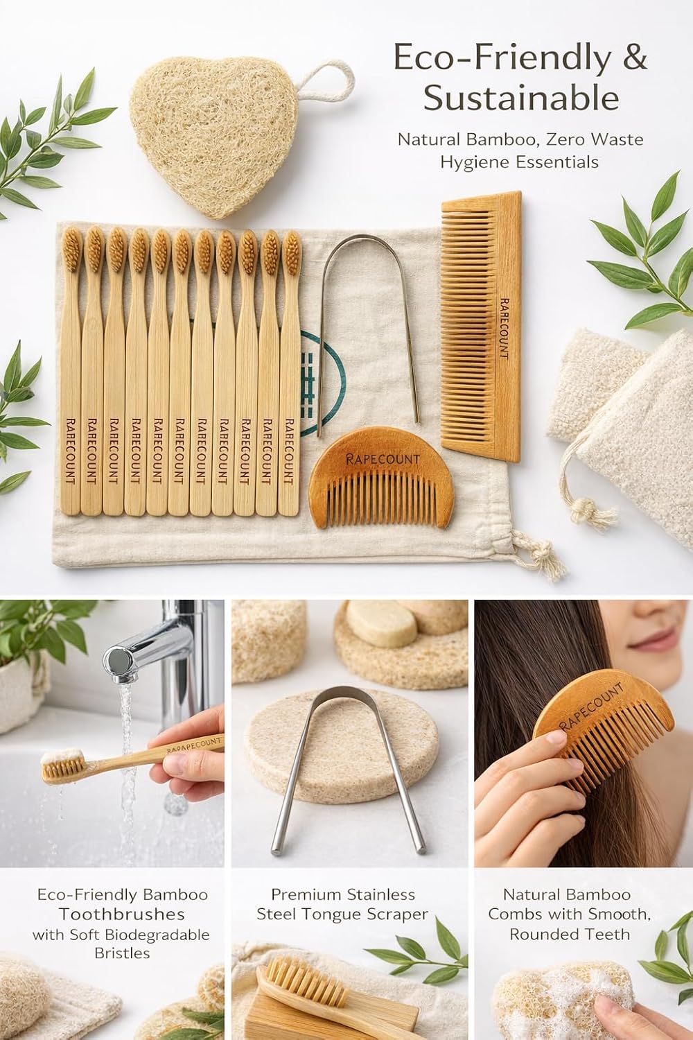 Eco Self Care Kit –5 in 1 | Bamboo Toothbrush, Neem & Labour Combs, Tongue Cleaner & Loofah | Sustainable, Plastic-Free Travel & Gift Set