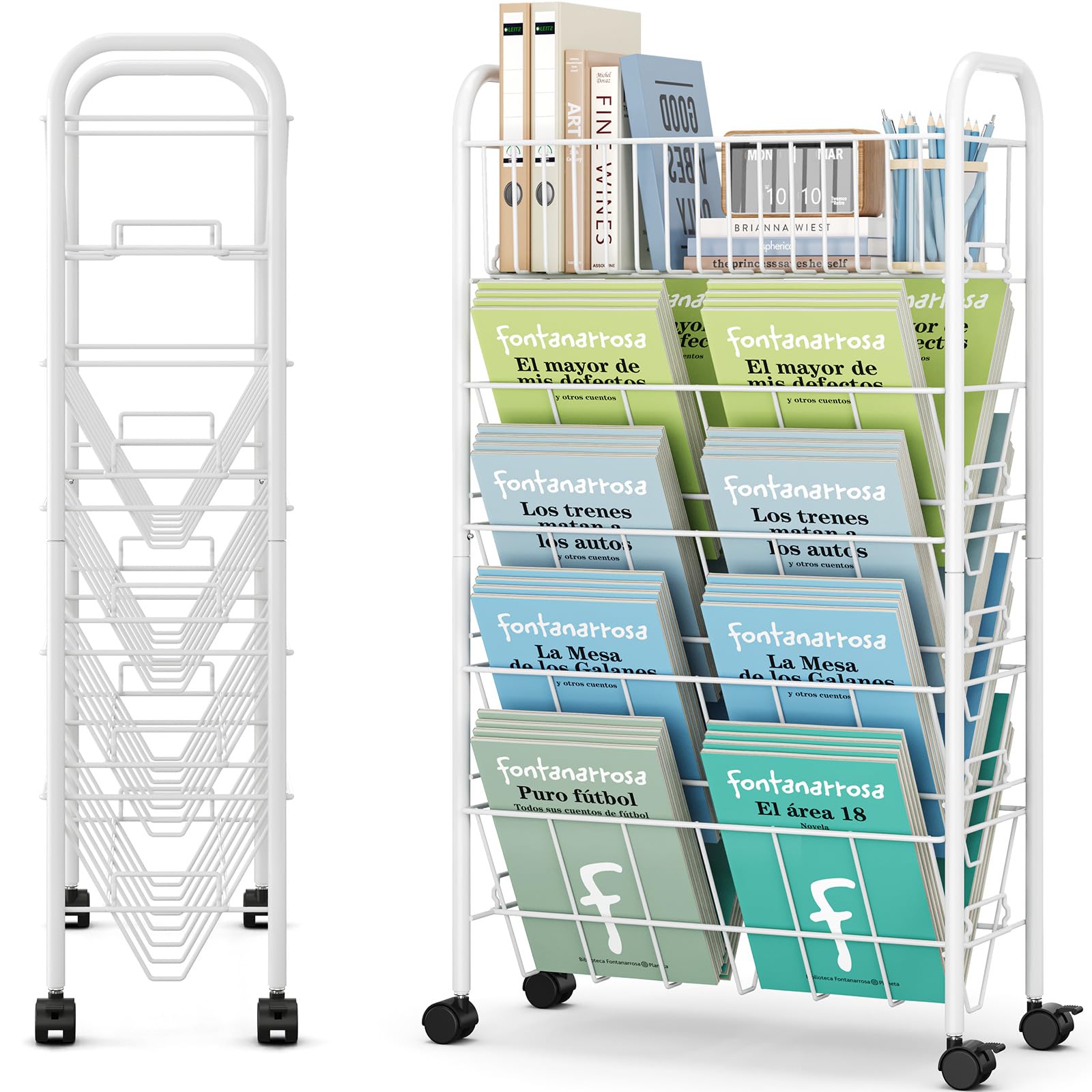 TOOLF 5 Tier Mobile Bookshelf, Metal Rolling Book Cart with Wheels, Movable Book Storage Organization for Classroom Dorm School Home, Rolling File Cart for Office Study, White