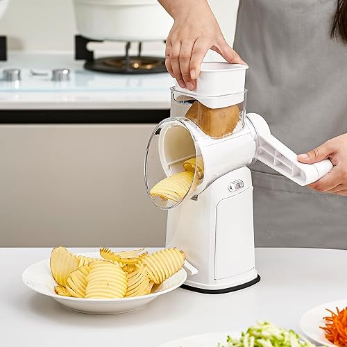 Miniatura 6 de Rallador giratorio de queso, manivela de mano, cortador de verduras de mandolina 5 en 1, 5 juegos de cuchillas, base de succión fuerte y fácil de