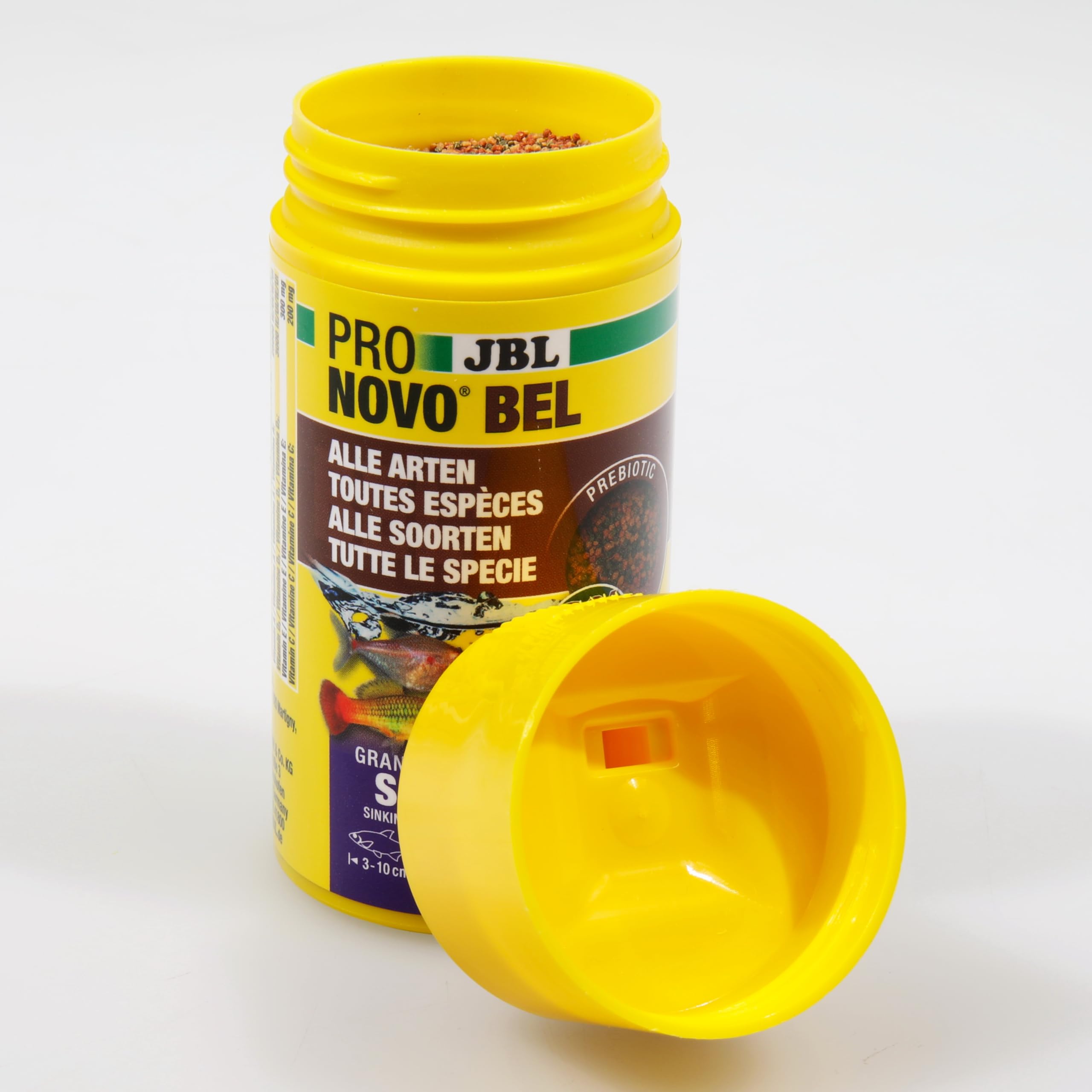 JBL PRONOVO BEL GRANO, Aliment de Base pour tous Poissons d'Aquarium de 3-10 cm, Granulés pour Poissons, Doseur à clic, taille S, 100 ml