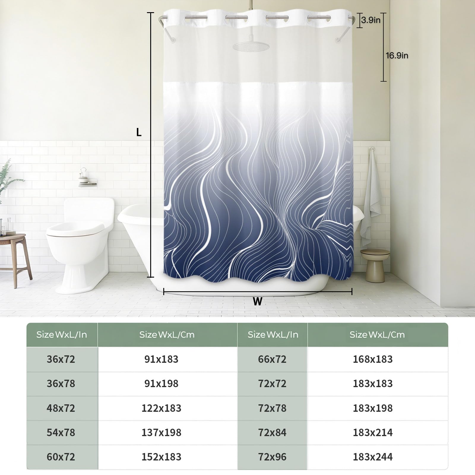 Duschvorhang, Ombré-Stil, ohne Haken, moderner Farbverlauf, Streifen, wasserdichter Stoff, waschbar, Bauernhaus-Badoberseite, durchsichtiger Vorhang für Badezimmer, Hotel, Dekoration, 183 x 183 cm,