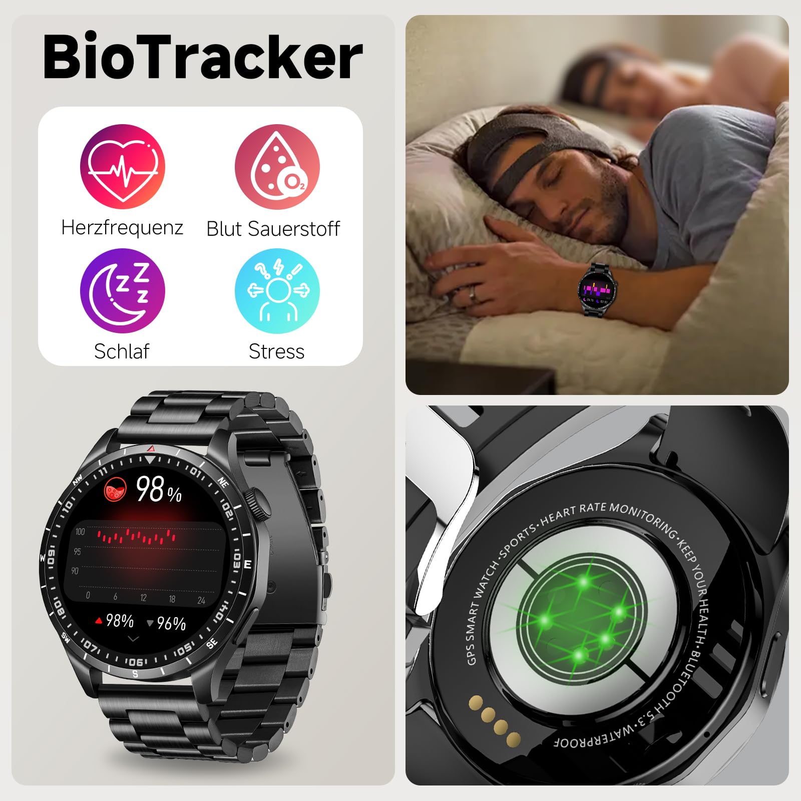 Smartwatch Herren GT 5 44mm Smart Watch,1,43" AMOLED GPS & kostenloses Kartenmaterial, 7 Tage Akku, Fitness Tracker mit 100+ Sportmodi, Wasserdicht für Android & iPhone