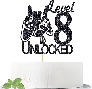Cos mos Video Game Level 8 Unlocked Birthday Cake Topper Black Glitter Boys 8th Birthday Cake Decorations Level Up Winner Party Decoration Supplies