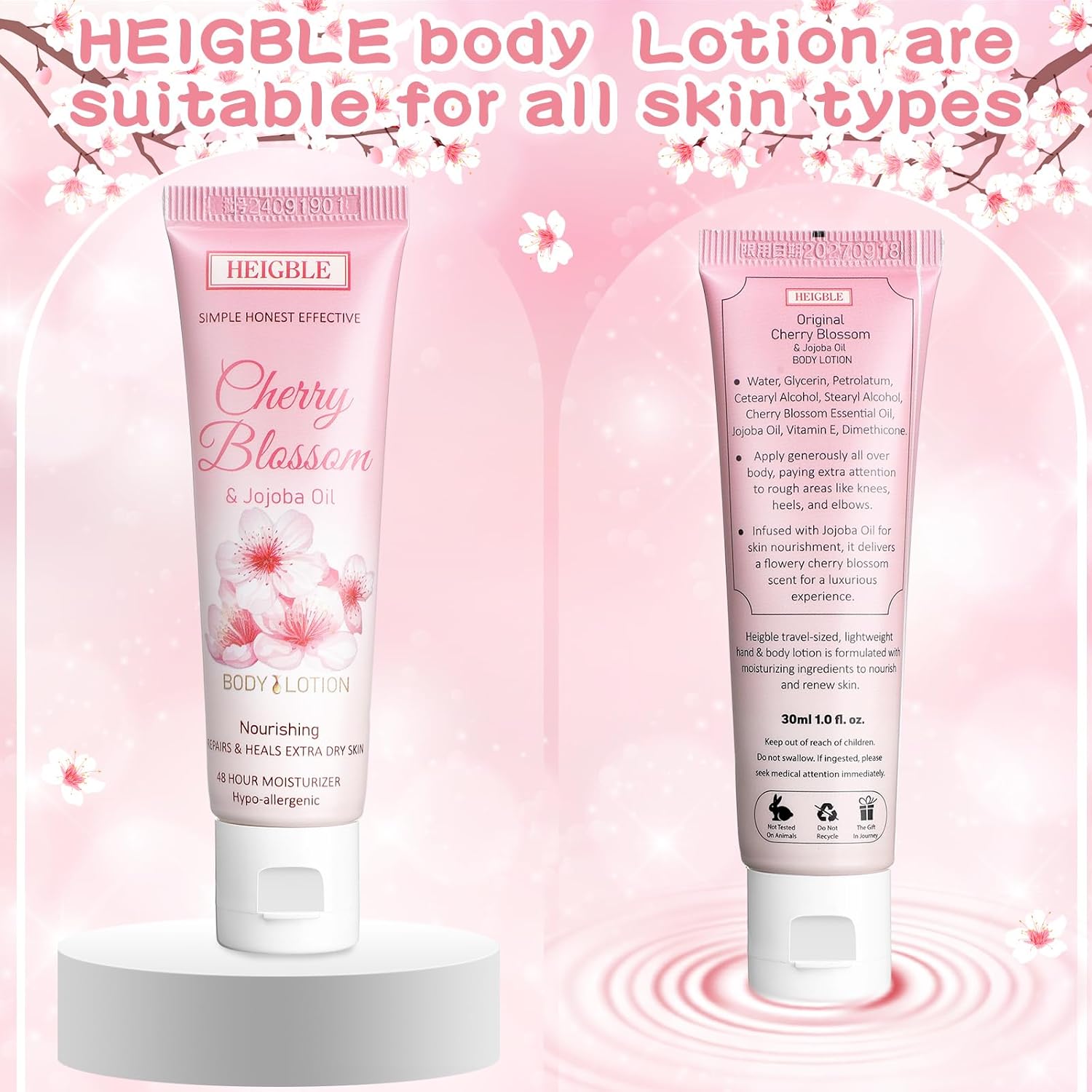 50 Pack Travel Size Body Lotion 1 oz Cherry Blossom and Jojoba Oil Body Lotion Dry Skin Moisturizer with Flip Cap for Extra Dry Skin, Inns, Hotels Resorts, Airlines, Offices, Gyms and More