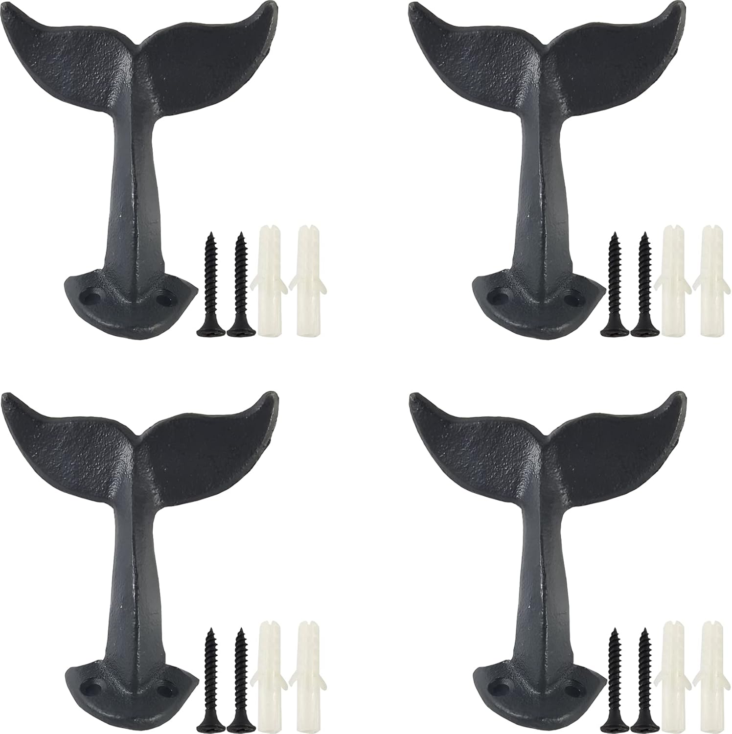 4PCS Cast Iron Whale Tail Wall Hooks with Mounting Screws