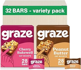 Graze - Cherry Bakewell & Peanut Butter Oat Boost Bars Snacks - Made With Whole Oats and Natural Flavours - 8x4 snack bars - Total of 32 snacks