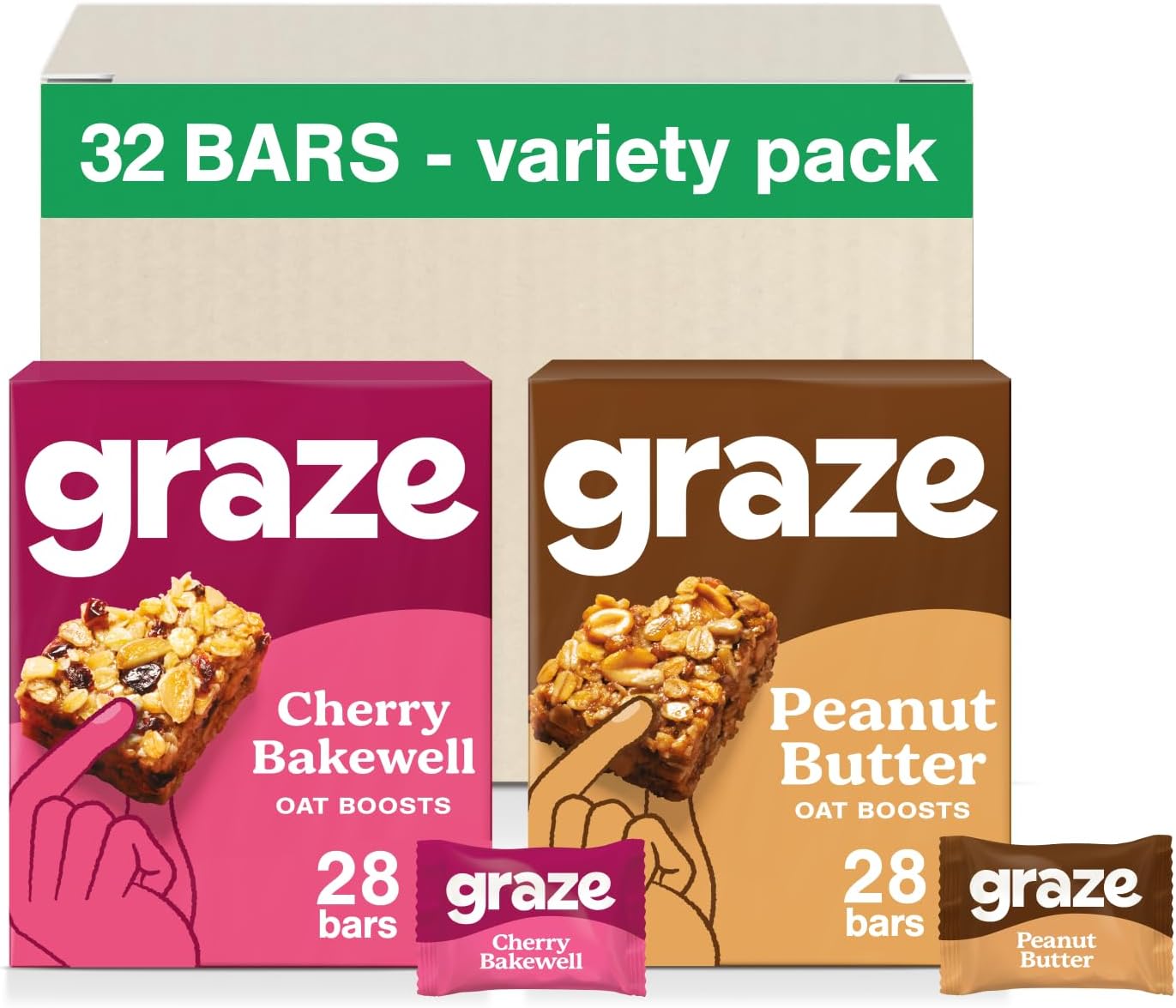Graze - Cherry Bakewell & Peanut Butter Oat Boost Bars Snacks - Made With Whole Oats and Natural Flavours - 8x4 snack bars - Total of 32 snacks