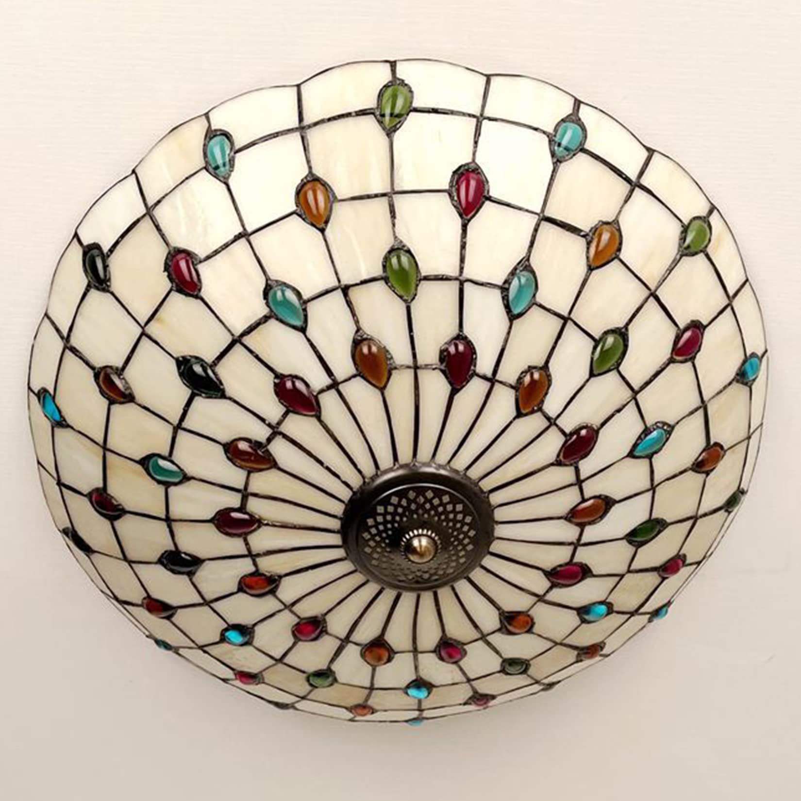 Klasyczna turecka lampa sufitowa śródziemnomorska, marokańskie witrażowe rękodzieło z kutą podstawą, lampa wisząca LED do salonu, sypialni, kuchni, jadalni, kolorowa, 40 cm